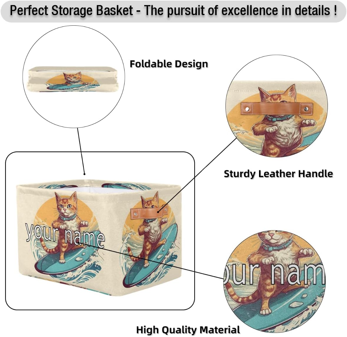 Cesta de almacenamiento personalizada con bonitos animales, gatos, cesta de almacenamiento rectangular de tela divertida para gatos, organizador