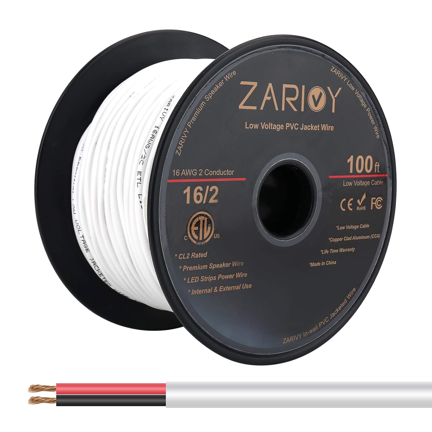 100 pies de calibre 16 2 conductores de cable rojo negro con chaqueta blanca CL2 resistente al fuego, cable de conexión eléctrica de 16 AWG, tiras