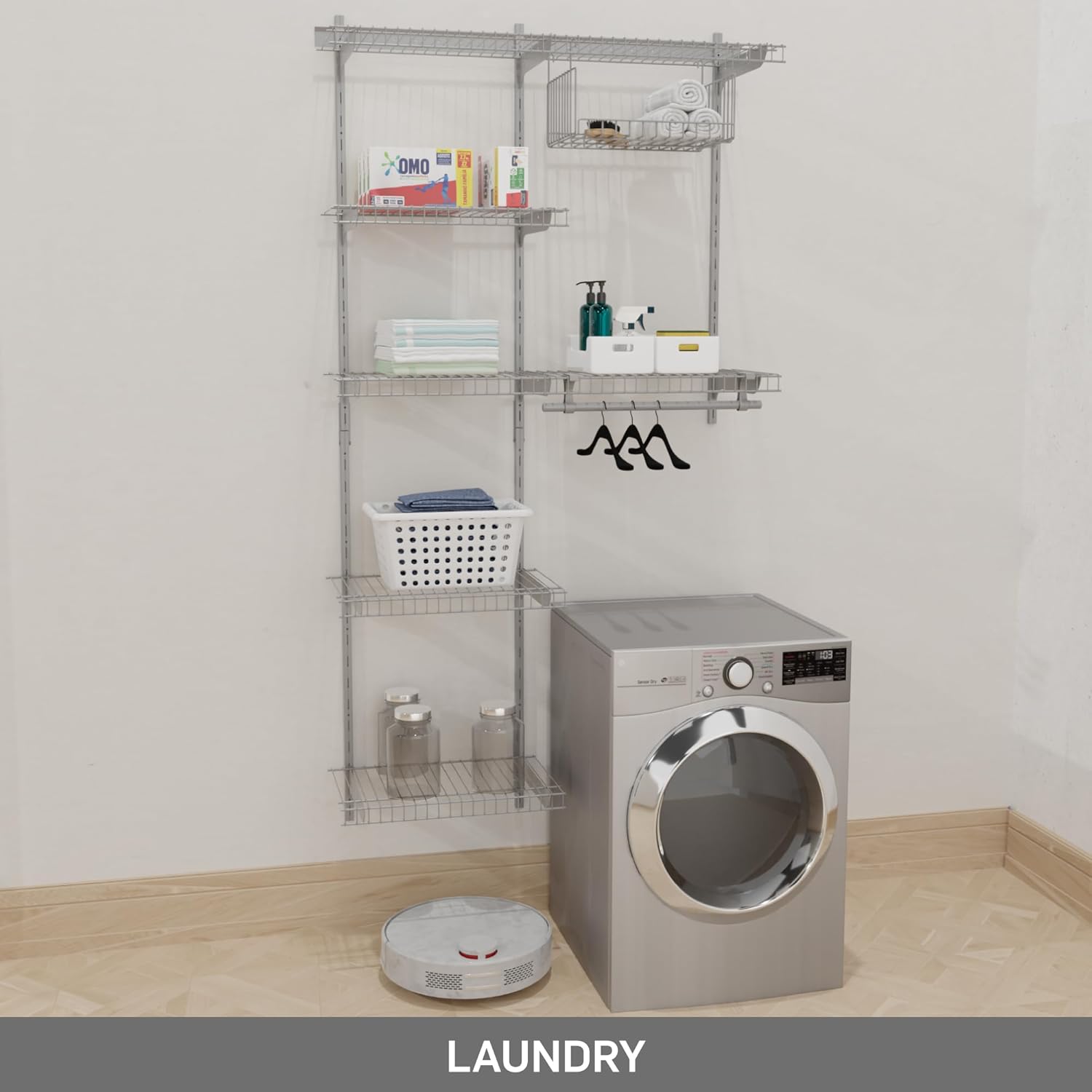 Kit de estante de armario de alambre plateado, estantería para áreas abiertas, riel de estante con estantería expandible y sistema organizador,