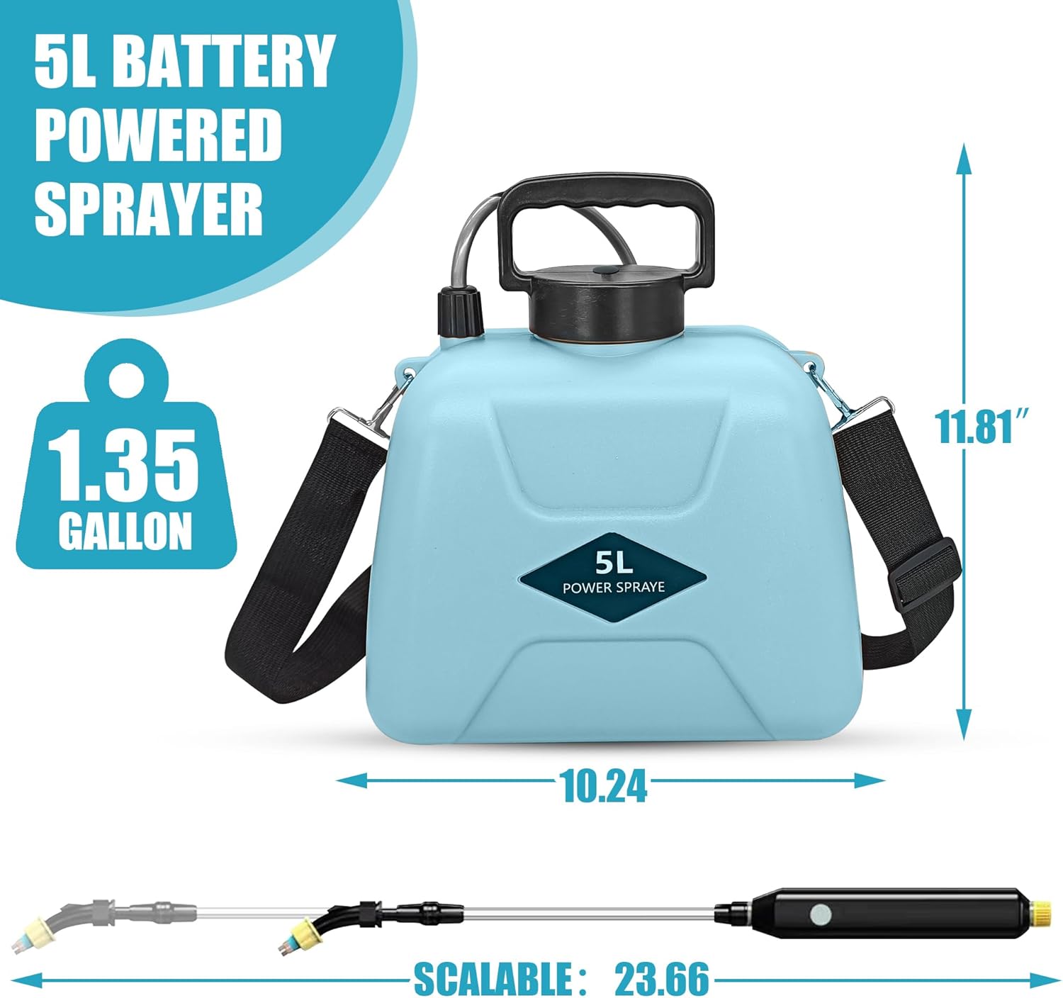 Pulverizador eléctrico a batería, 1.35 galón5L con 3 boquillas de niebla, rociador de jardín con mango recargable USB y varita retráctil, correa de