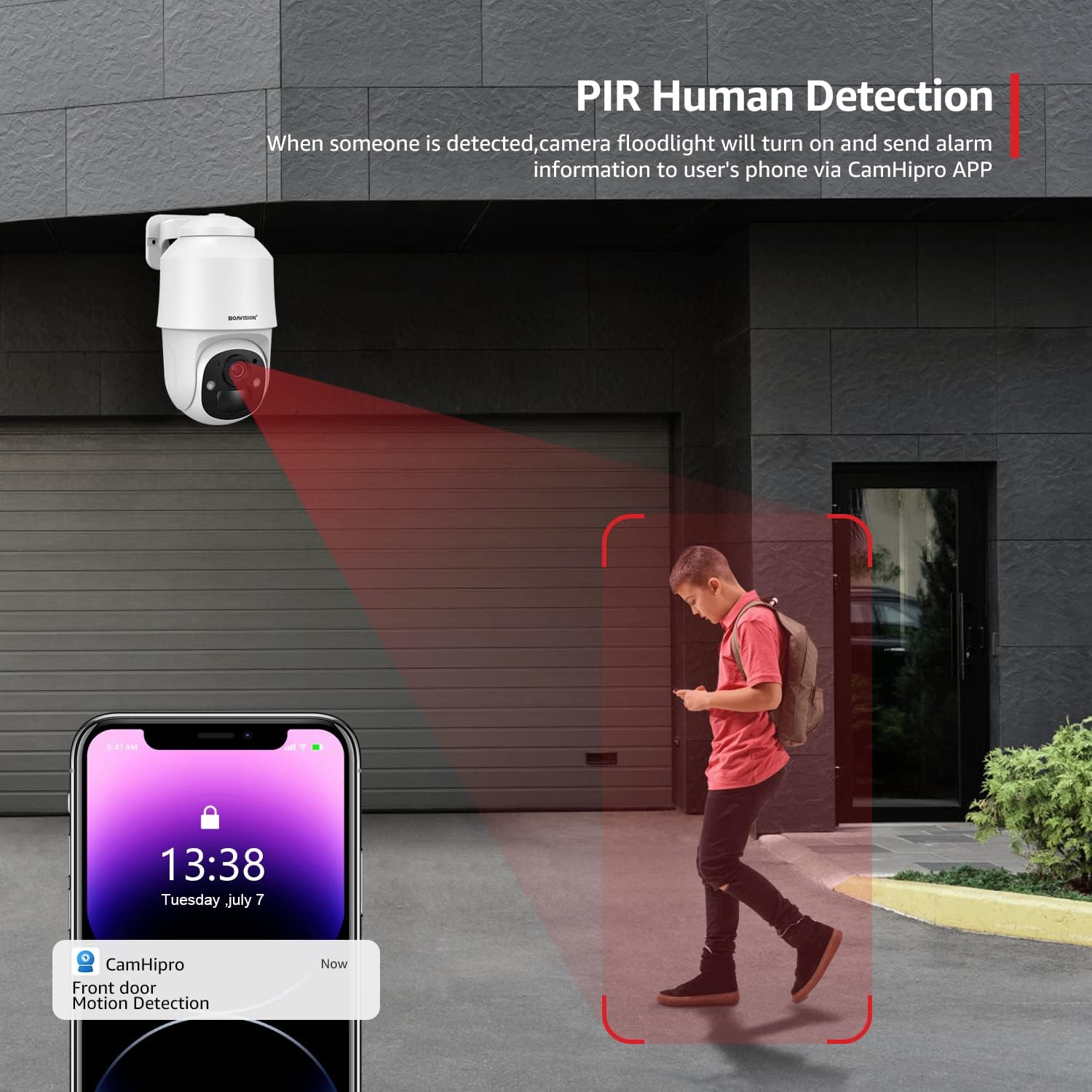 BOAVISION Cámara de seguridad alimentada por batería para exteriores, inclinación panorámica, visión de 355, IP66, impermeable, recargable,