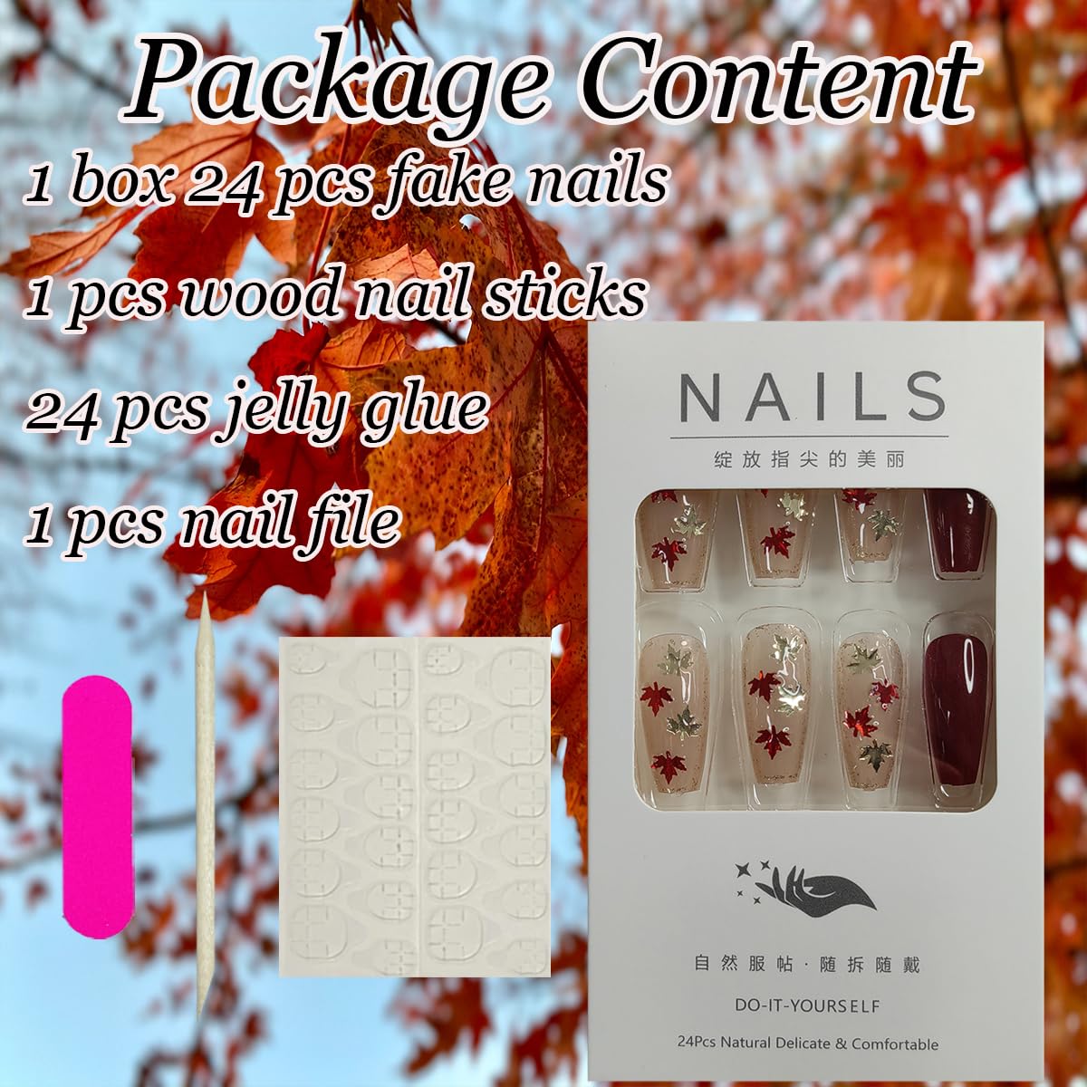 24 uñas postizas largas a presión con forma de ataúd, hojas de arce, uñas con pegamento, diseño de Acción de Gracias, uñas acrílicas estáticas,