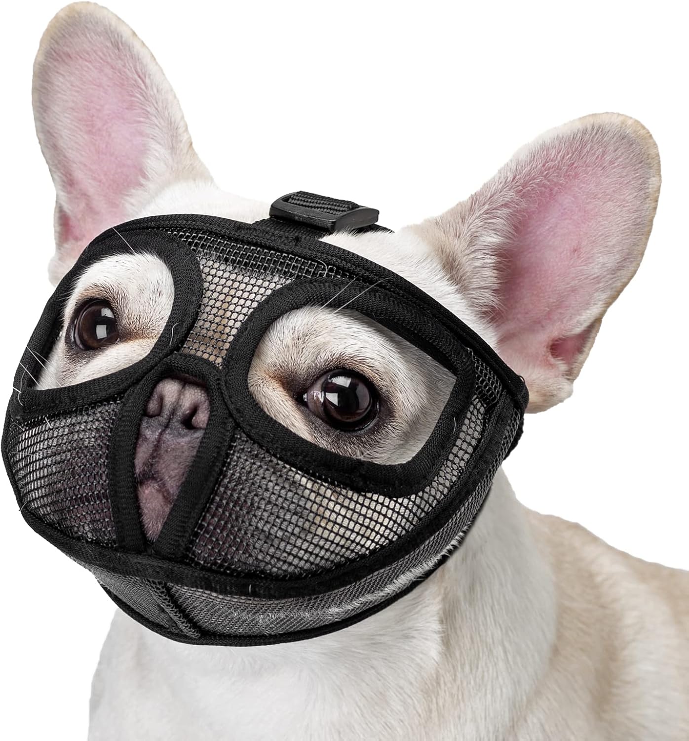 Bozal corto para perro, ajustable que no cubre los ojos, bozal de malla para morder, masticar lamer (XL, negro)