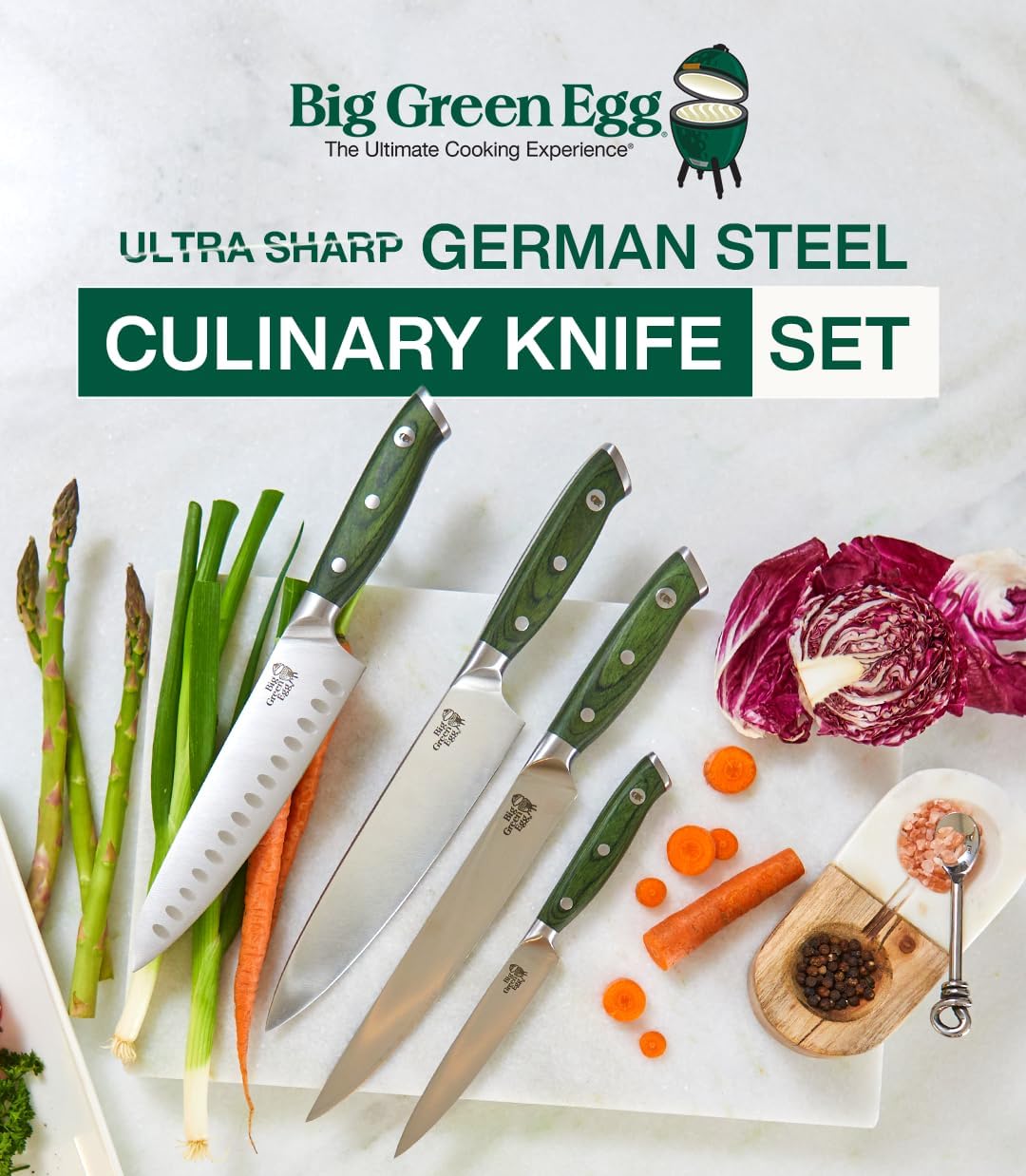 Big Green Egg Juego de cuchillos de chef culinario (4 piezas) con estuche, cuchillos de acero alemanes, cuchillo de chef de 8 pulgadas, cuchillo
