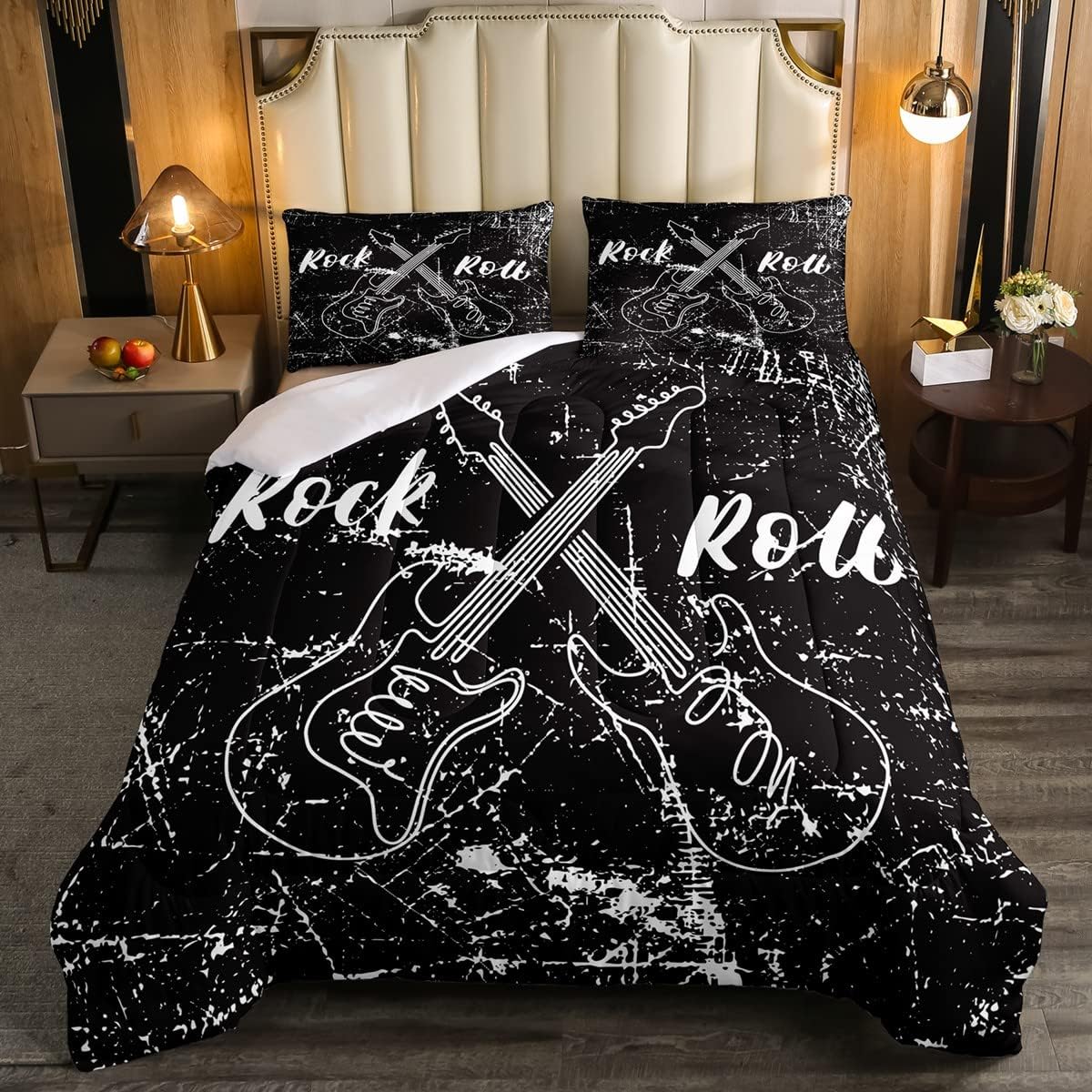 Castle Fairy Juego de edredón de música Rock Roll, tamaño matrimonial, edredón de ropa de cama con instrumentos de guitarra para niñas y