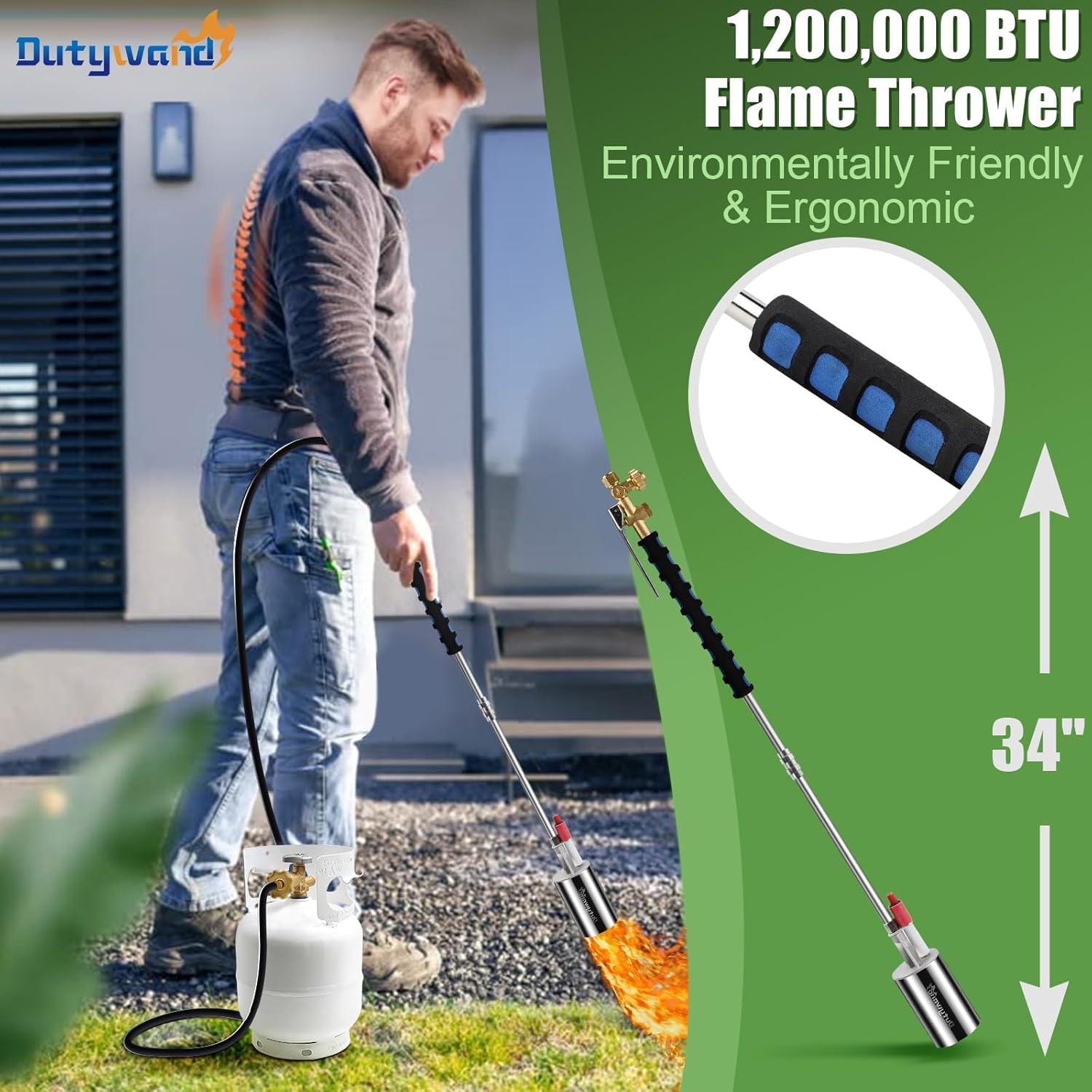 Kit de quemador de malezas de propano, alto rendimiento de 1,200,000 BTU con encendedor (autoencendido), soplete de jardín resistente con manguera