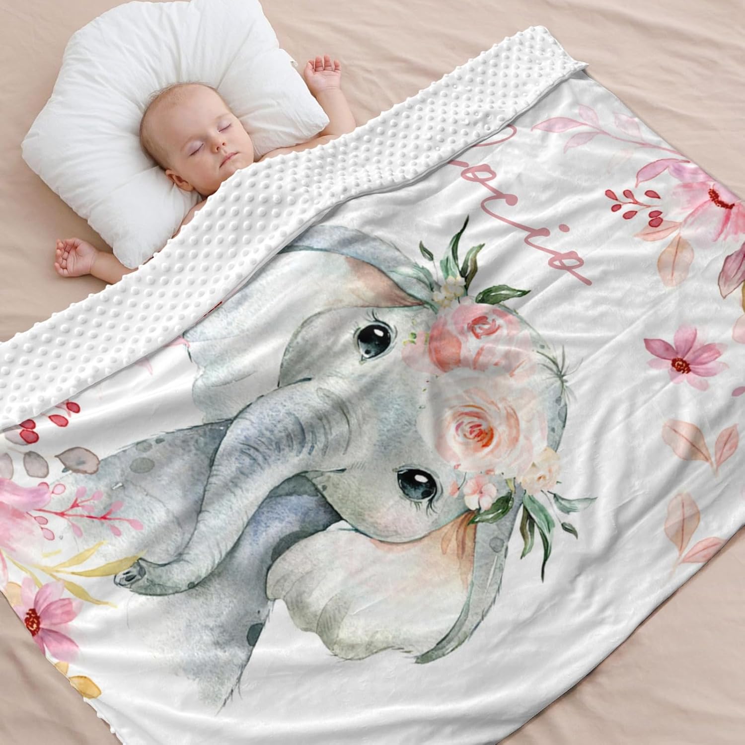Manta personalizada con nombre, lindos diseños de elefantes Minky de felpa, manta personalizada para recién nacidos con nombre, el mejor regalo para