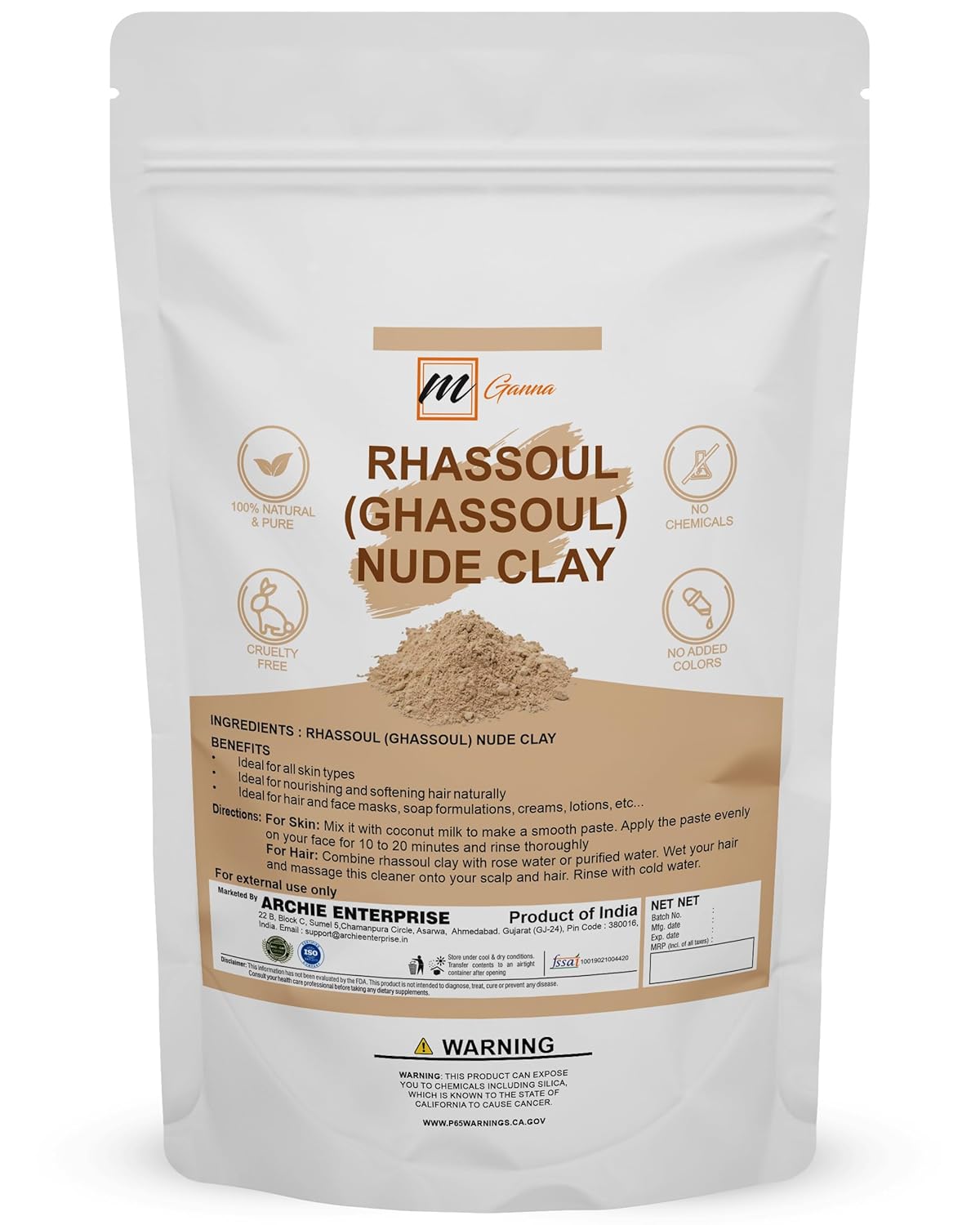 mGanna Polvo de arcilla Rhassoul marroquí 100% natural, desnudo, Ghassoul, arcilla de lava para máscaras capilares, cremas, máscaras faciales,