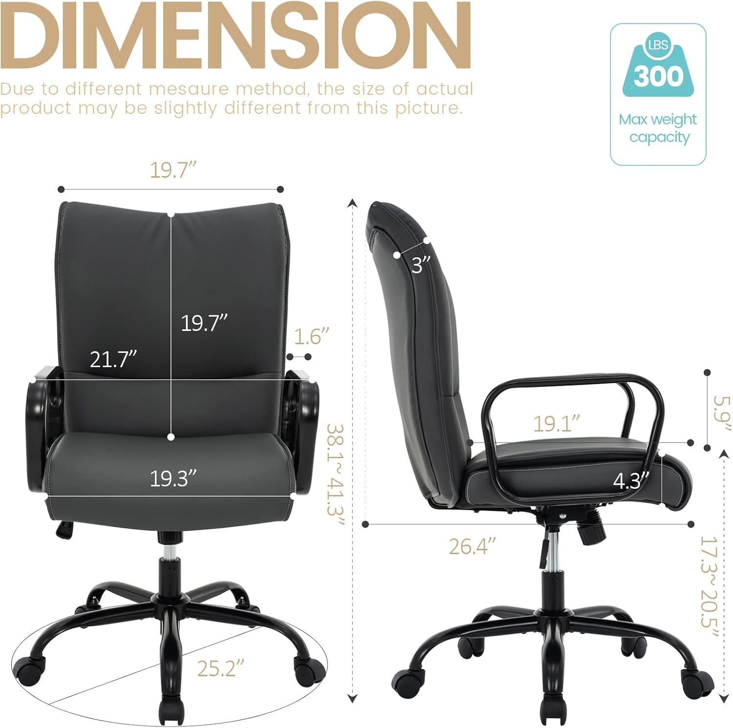 HFGI Living Silla de oficina en casa, moderna silla tapizada de piel sintética con brazos, silla de escritorio giratoria ajustable con ruedas (gris