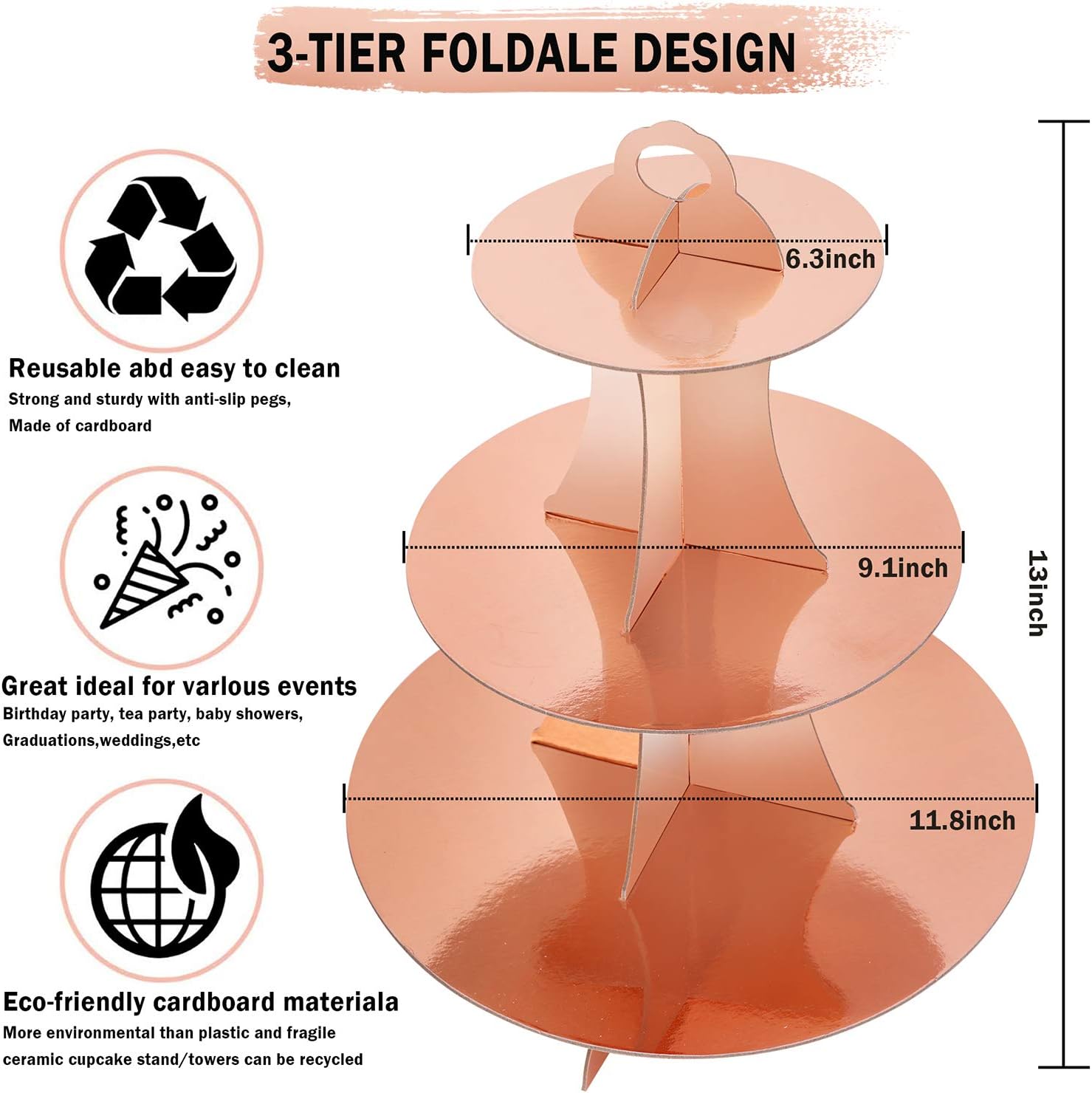 Juego de 2 soportes redondos de cartón de 3 niveles de oro rosa para 24 cupcakes, perfecto para mujeres y niñas, cumpleaños, despedida de soltera,