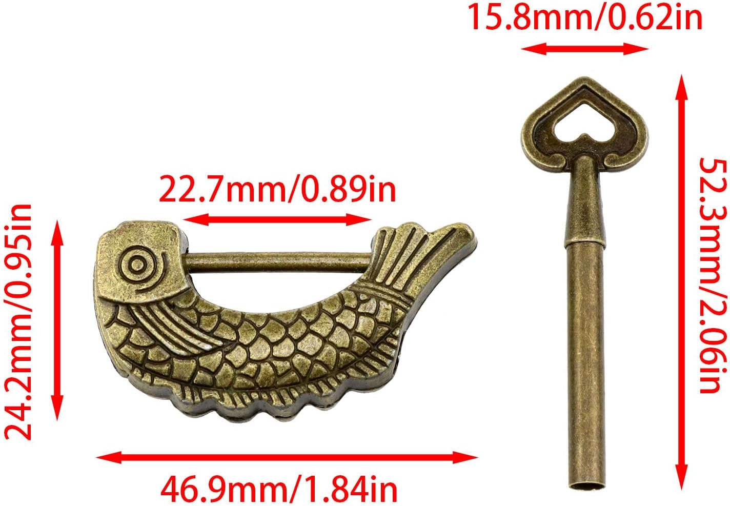 Candado retro en forma de pez con forma de pez de bronce, cerradura vintage con patrón de pescado con llave para joyero, maleta de madera, cajones
