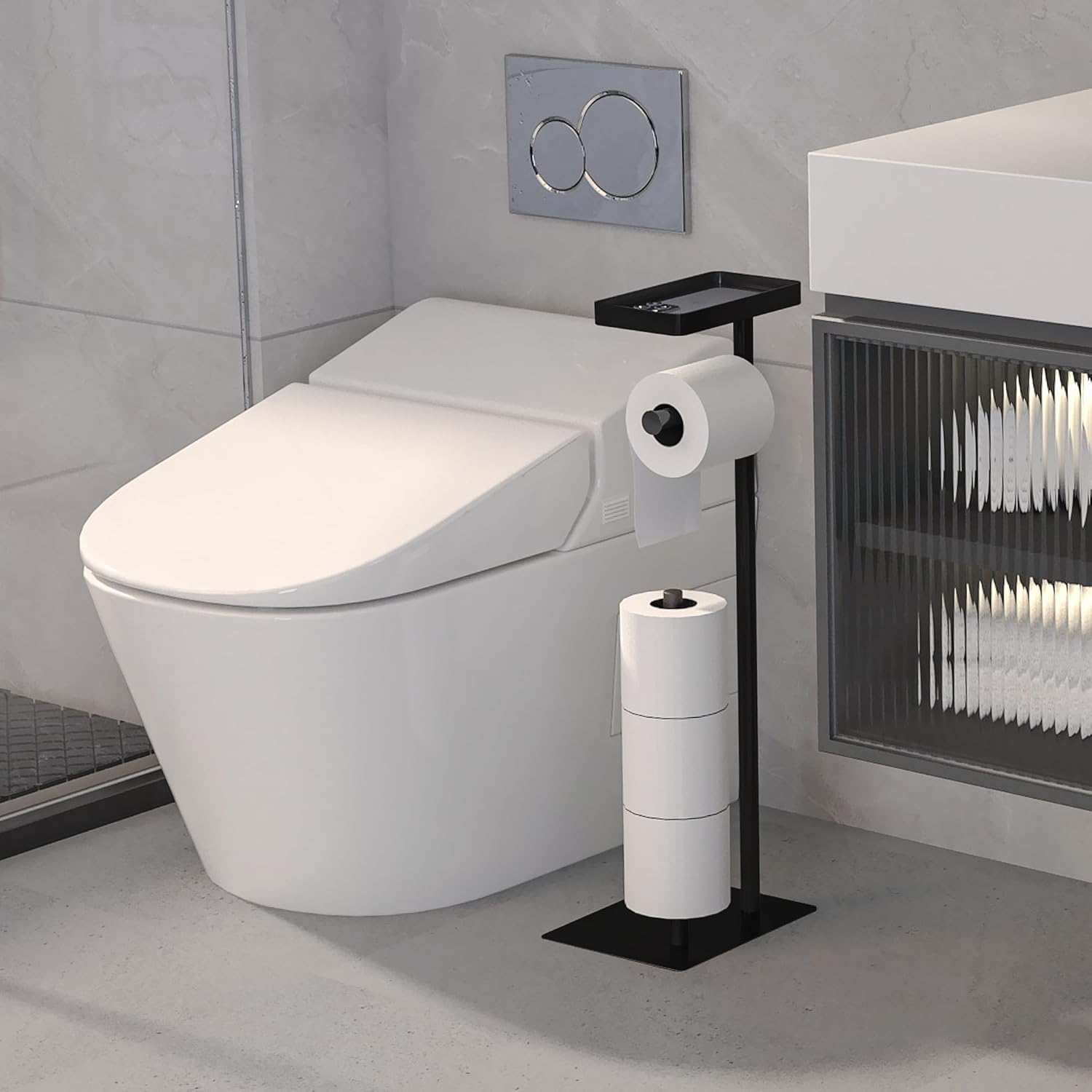 Soporte de papel higiénico de pie, soporte de papel higiénico de pie, soporte de rollo de papel higiénico de baño con almacenamiento con diseño de