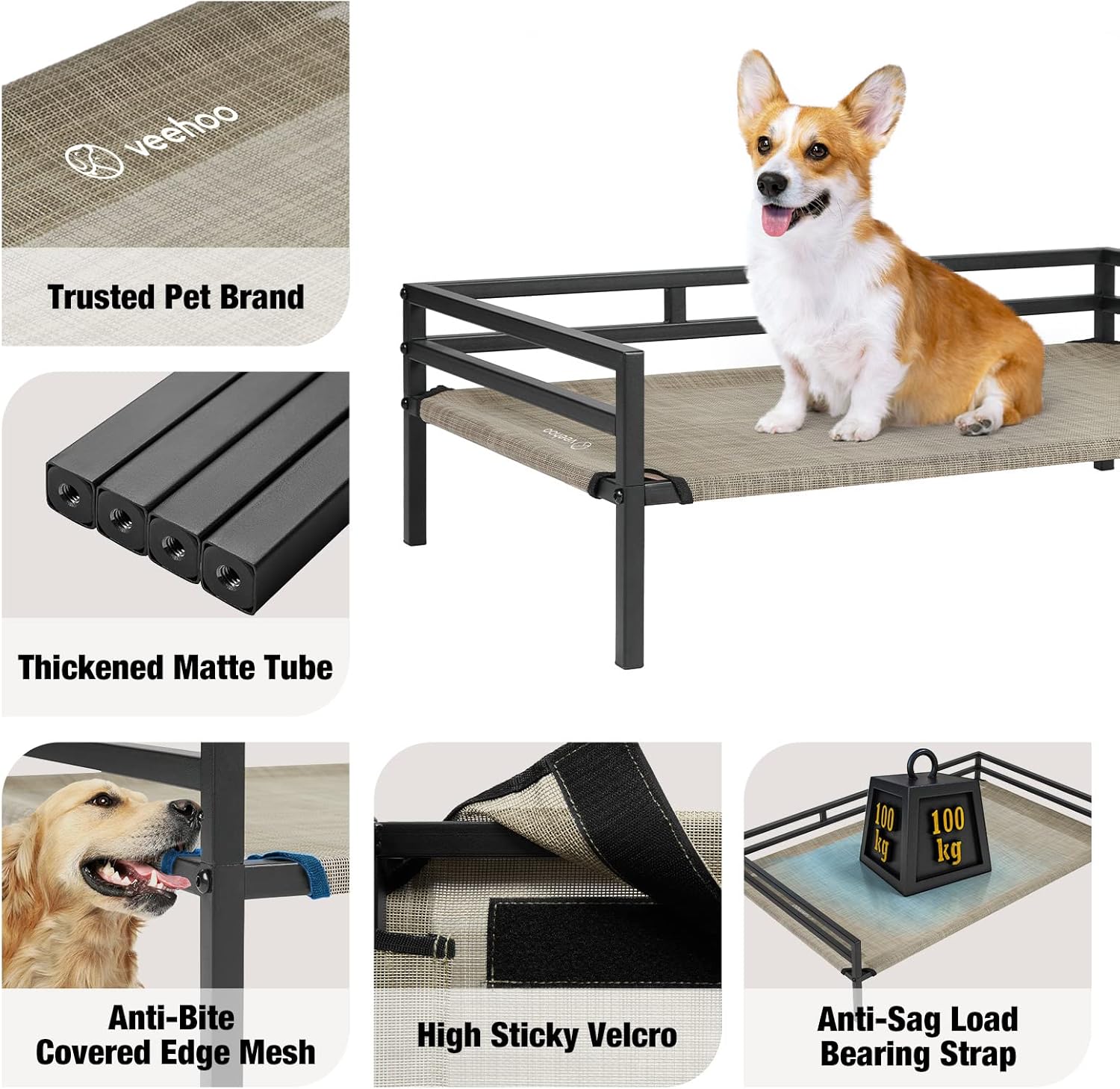 Veehoo Cama elevada de metal para perros, catre elevado para mascotas con malla de textileno lavable a prueba de mordidas, patas antideslizantes y