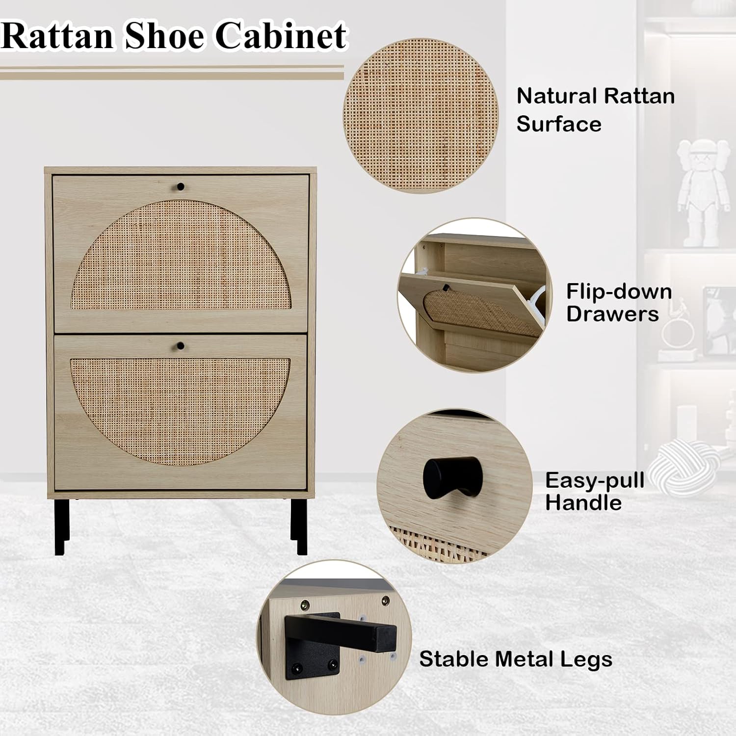 Goujxcy Zapatero bohemio de ratán con 2 cajones abatibles, soporte delgado de almacenamiento de zapatos para tacones, botas, pantuflas, organizador