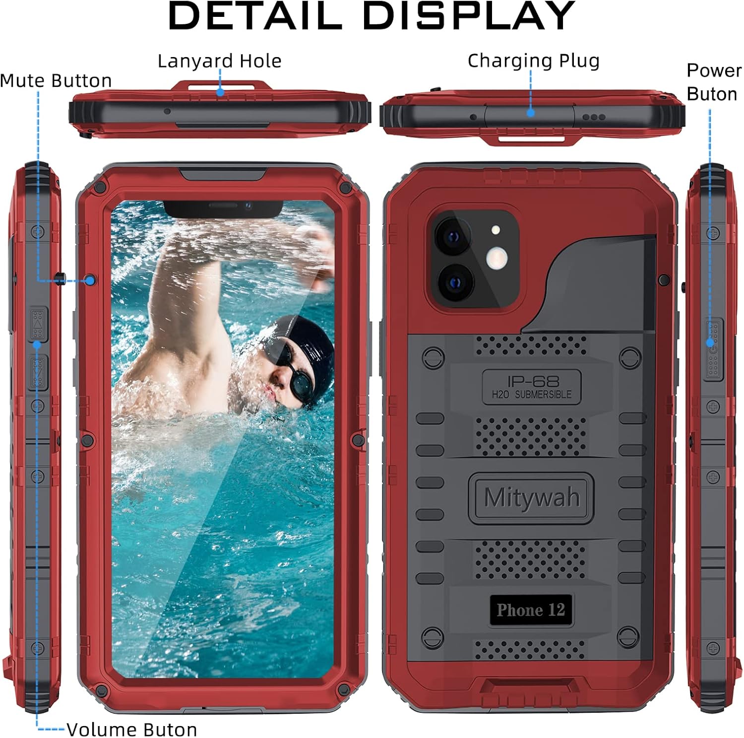 Mitywah Funda impermeable para iPhone 12, resistente a prueba de golpes con protector de pantalla integrado, carcasa de metal protectora submarina
