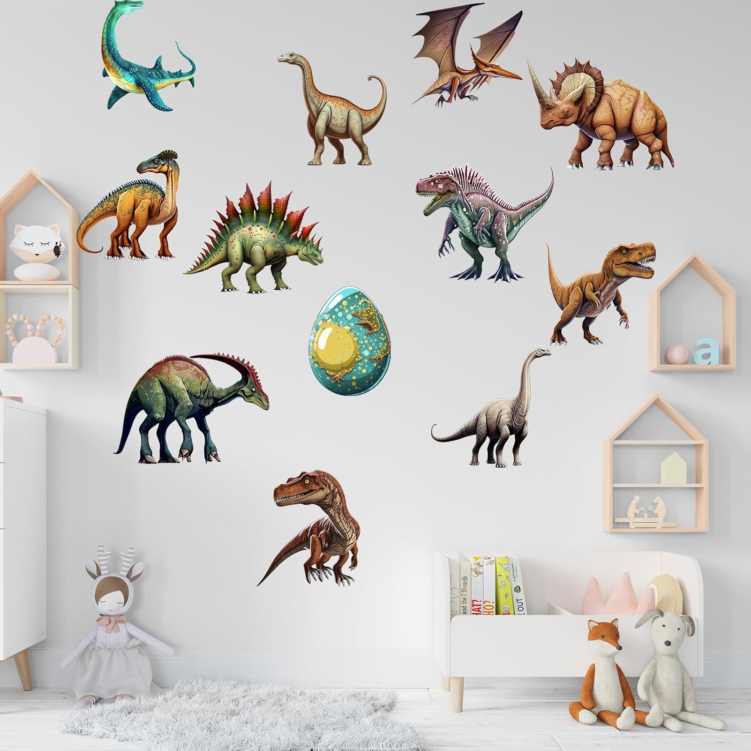 Calcomanías de pared de dinosaurios de dibujos animados, calcomanías de pared de huevo de dinosaurio, murales de pared removibles y lindos