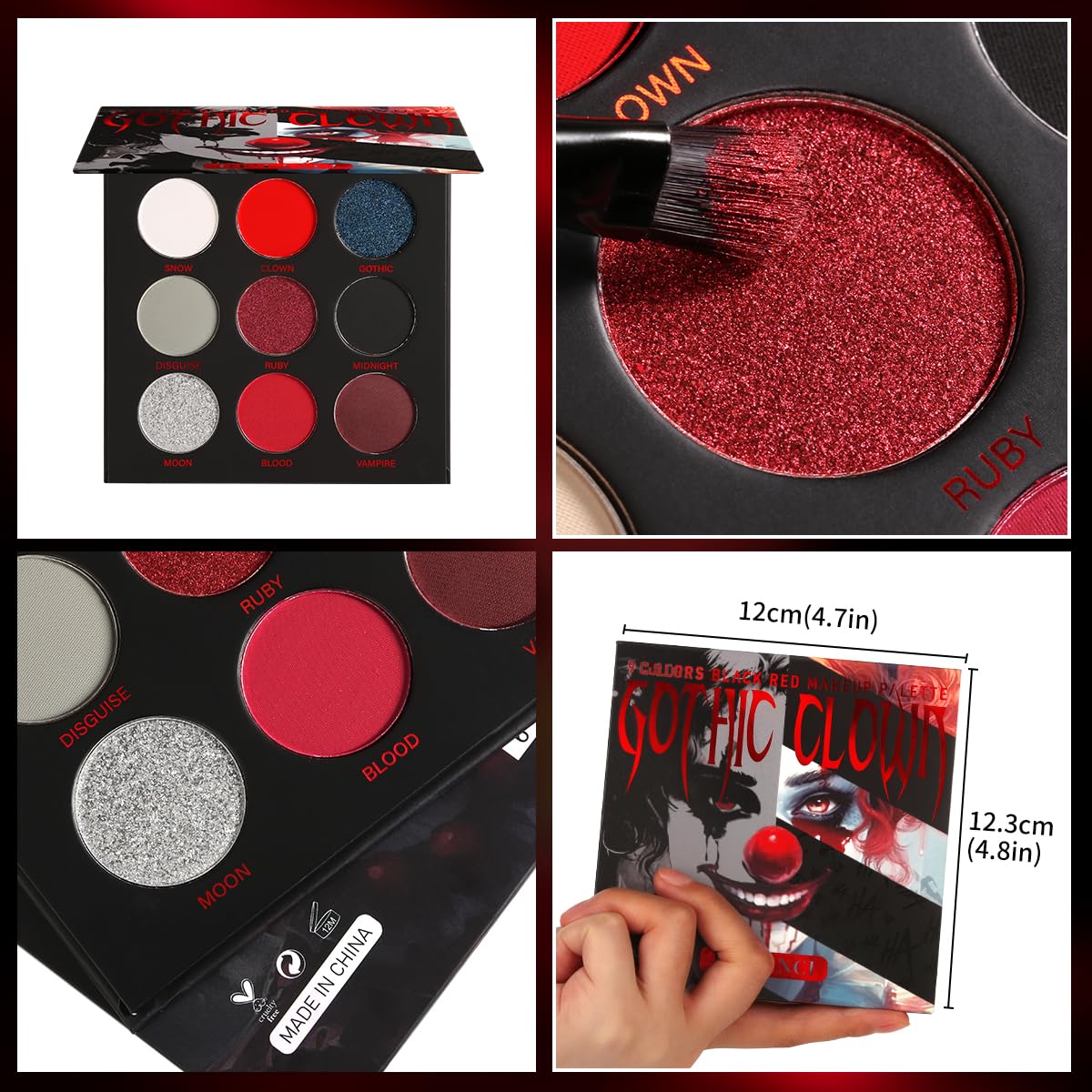 Afflano Paleta de sombras de ojos negra y roja, maquillaje de payaso gótico de Halloween, paleta de sombra de ojos blanca plateada con purpurina
