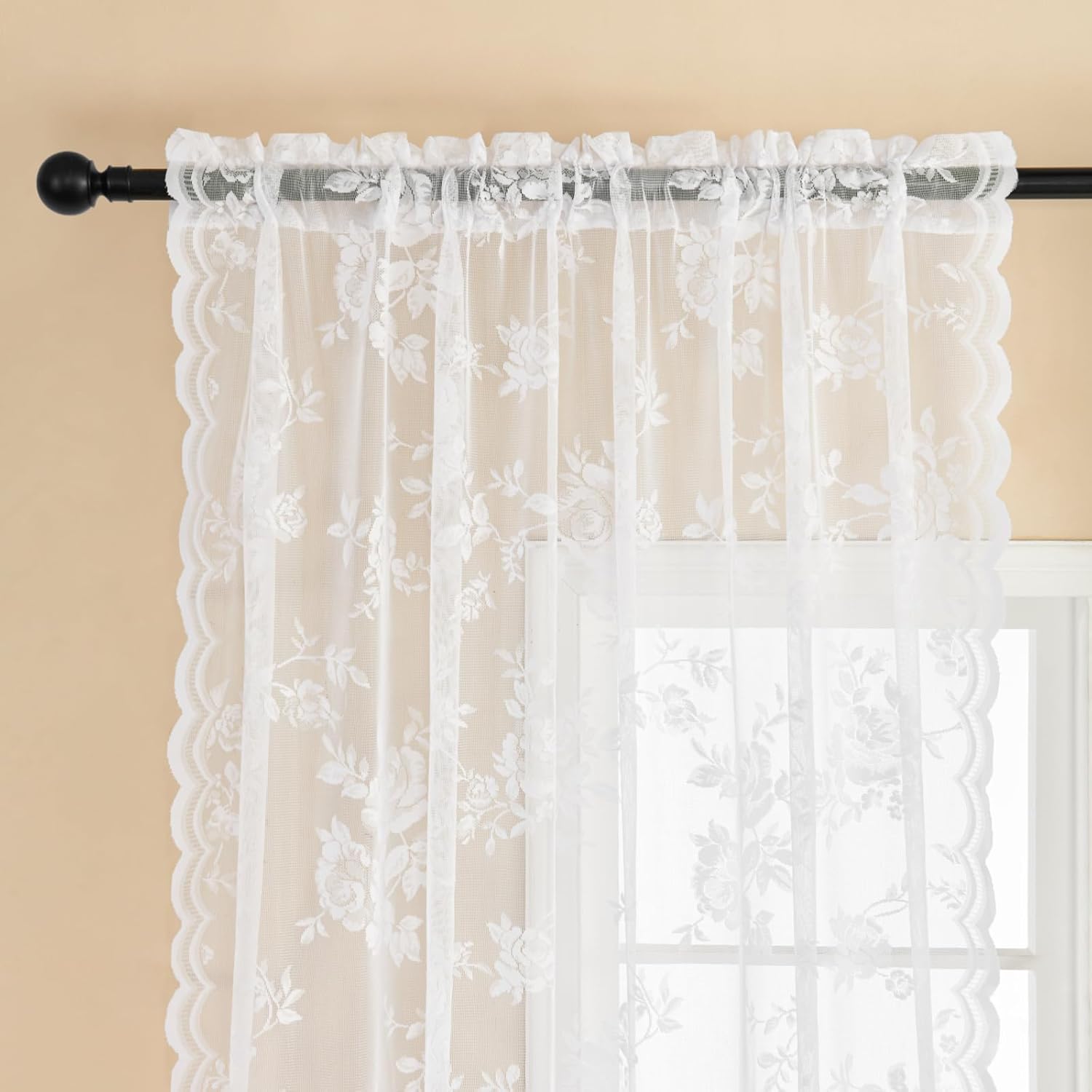 SEEKRIGHT 2 paneles de cortinas traslúcidas de encaje de 72 pulgadas de largo, cortinas florales blancas para sala de estar, dormitorio, bolsillo