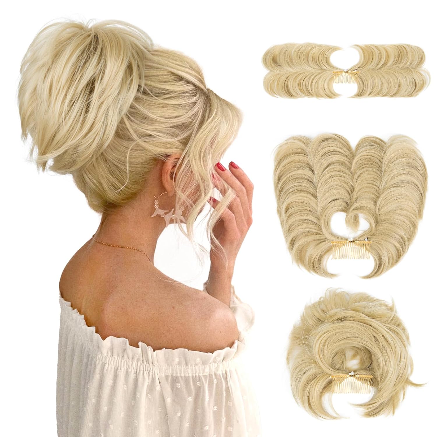 Extensión de cabello con moño desordenado, cola de caballo con peine lateral, color rubio champán, extensión de cola de caballo sintética para mujer