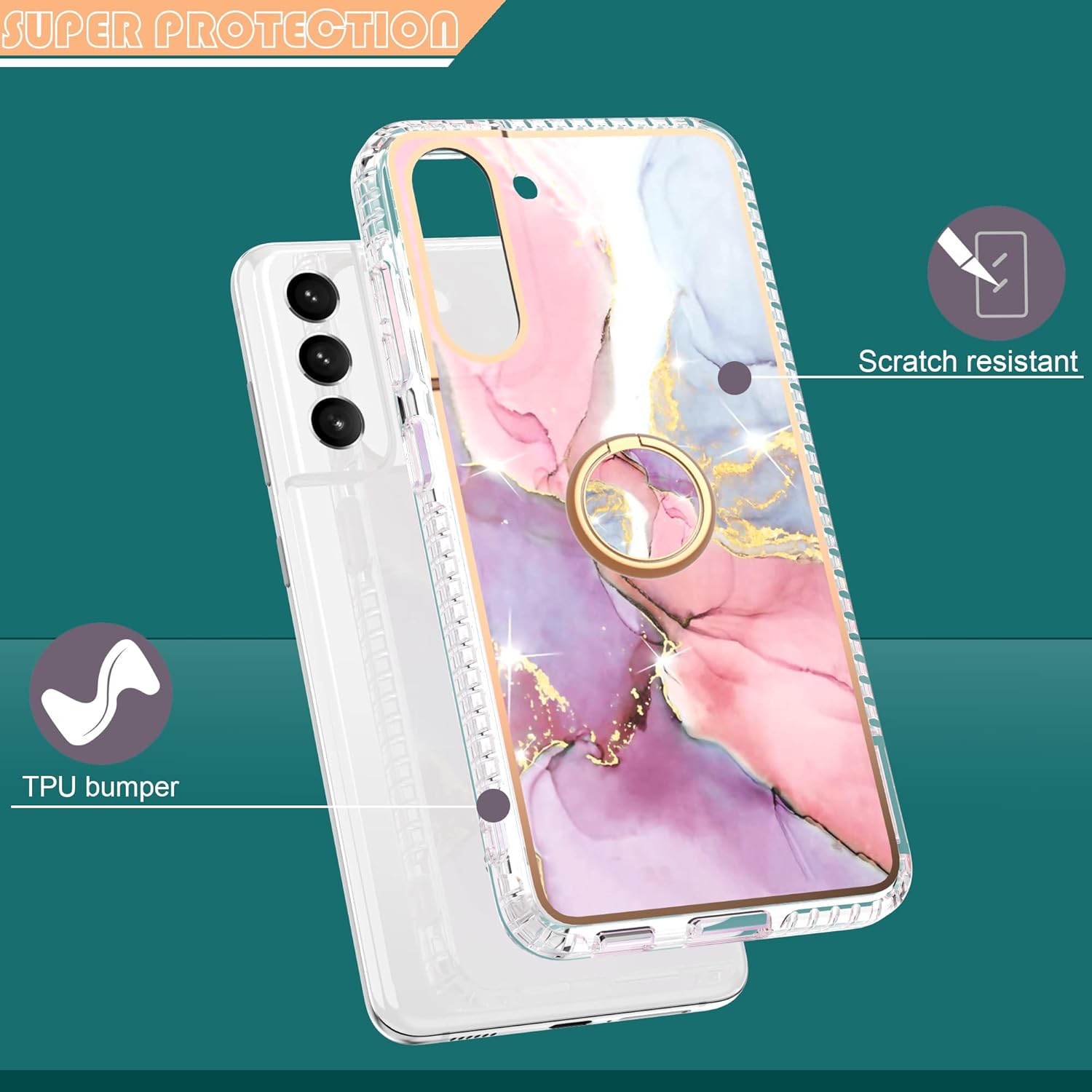 Asuwish Funda de teléfono para Samsung Galaxy S21 FE 5G con protector de pantalla y soporte para anillo de mármol, a prueba de golpes, silicona TPU,