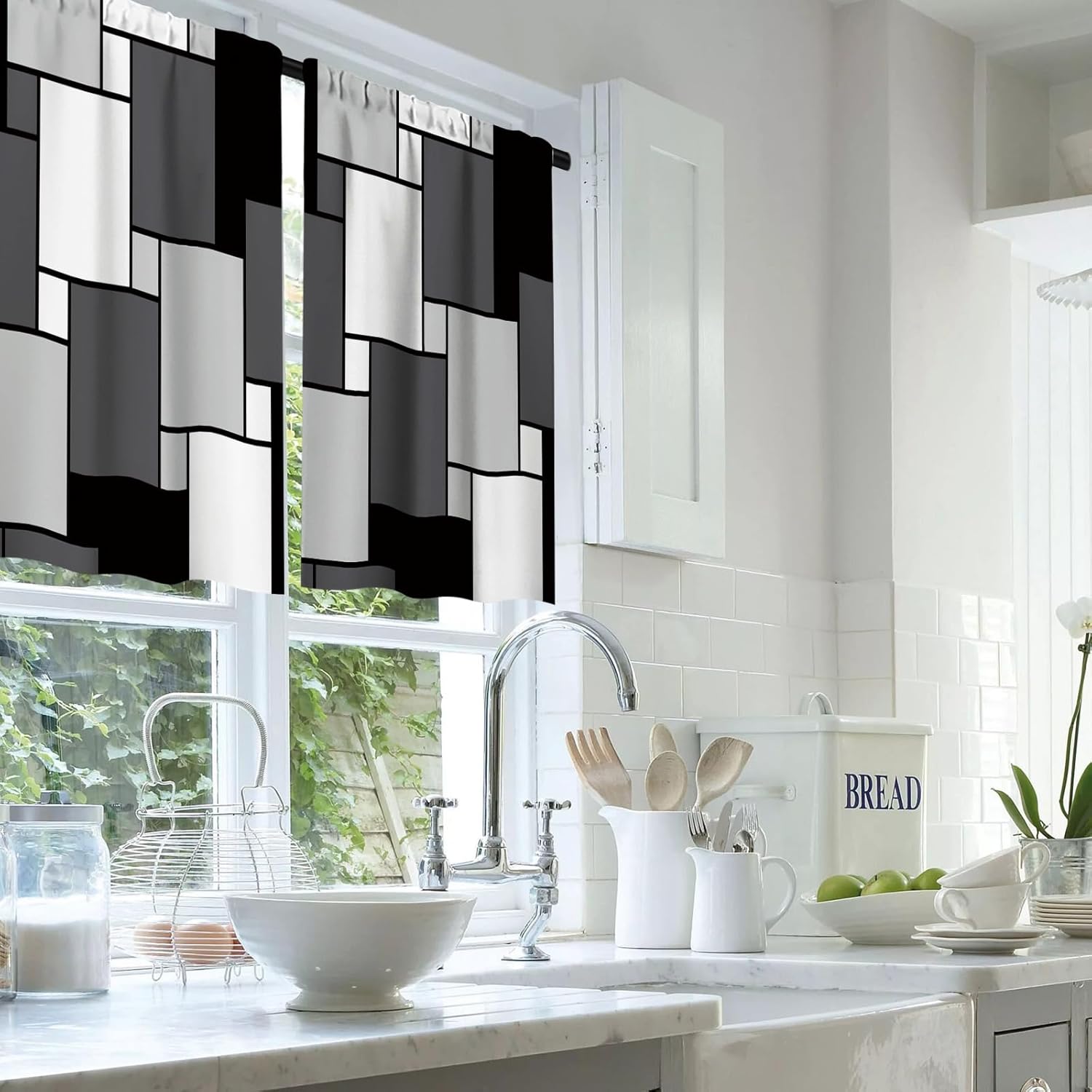 FYATHM Juego de 3 cortinas de cocina color negro y gris para ventanas, cenefa y juego de niveles de 36 pulgadas, moderno con bolsillo para barra,