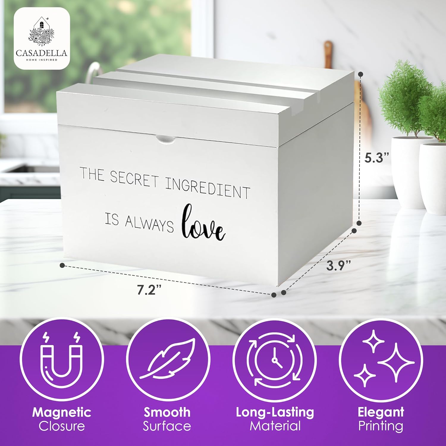 CASADELLA – Caja de recetas de madera, caja con 70 tarjetas de recetas de 4 x 6 pulgadas y 16 divisores, caja de tarjetas minimalista blanca, caja