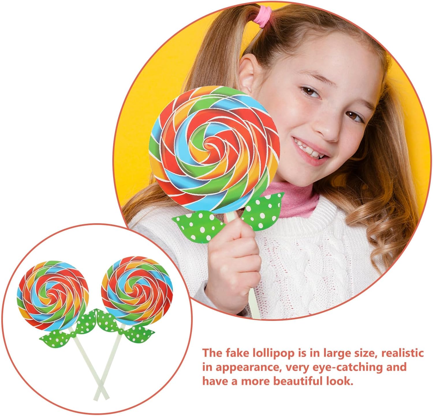 Piruleta de hadas, 2 piezas de adornos de caramelo grandes, piruleta de remolino, piruleta, comida falsa, accesorios de fotos para bodas, fiestas de