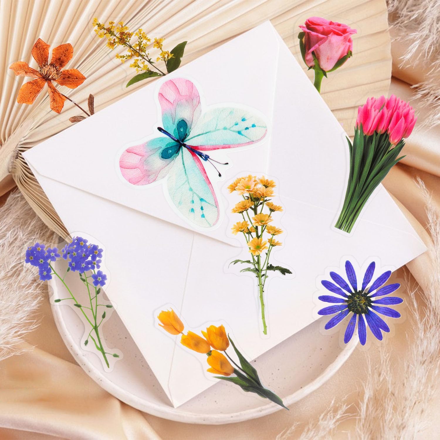 HONGTEYA Juego de 320 calcomanías de mariposa botánica de flores, calcomanías de resina de flores prensadas, calcomanías transparentes estéticas