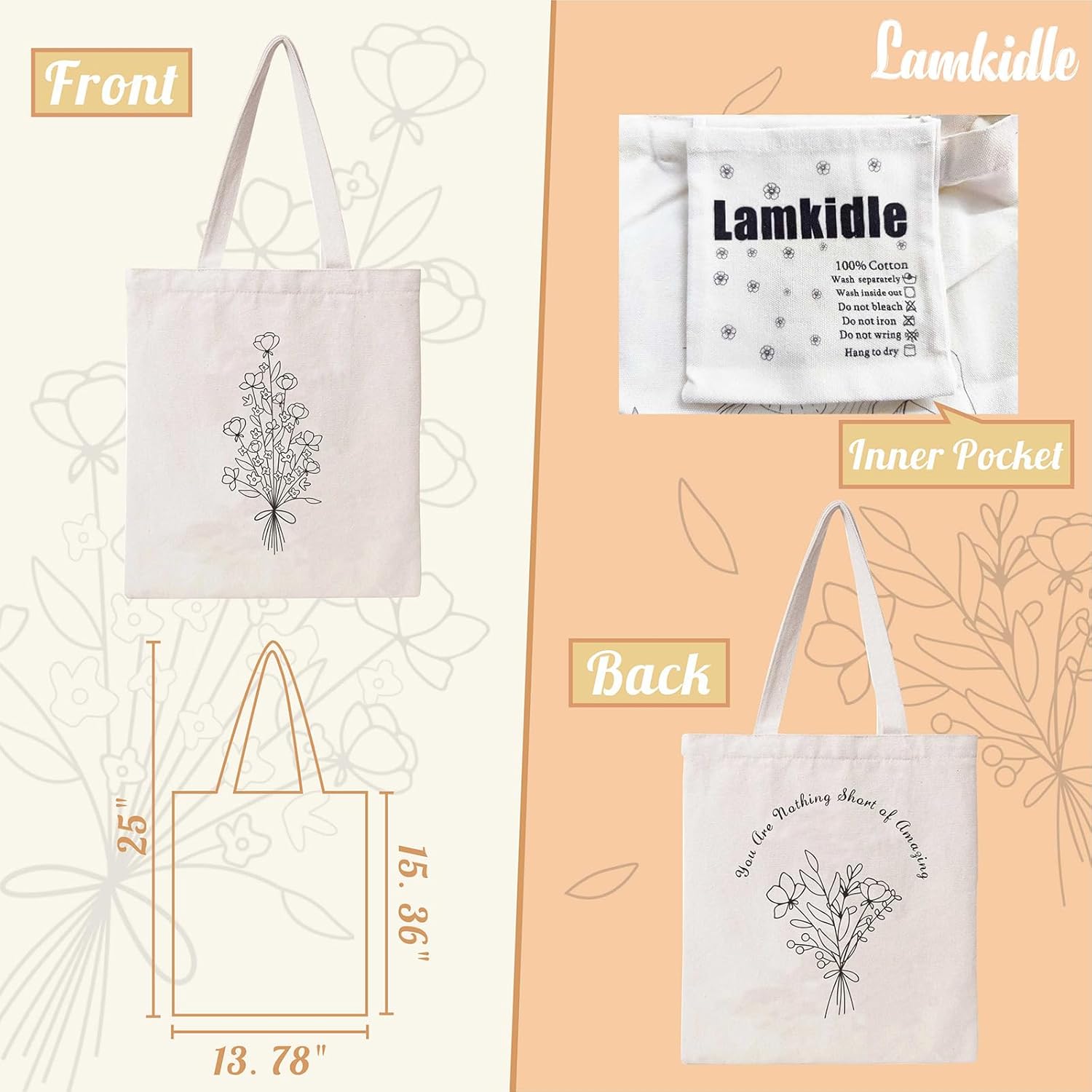 Lamkidle Bolsa de lona de algodón con diseño floral, pequeña bolsa de lona de algodón con bonito ramo de flores para mujer, bolsa de comestibles