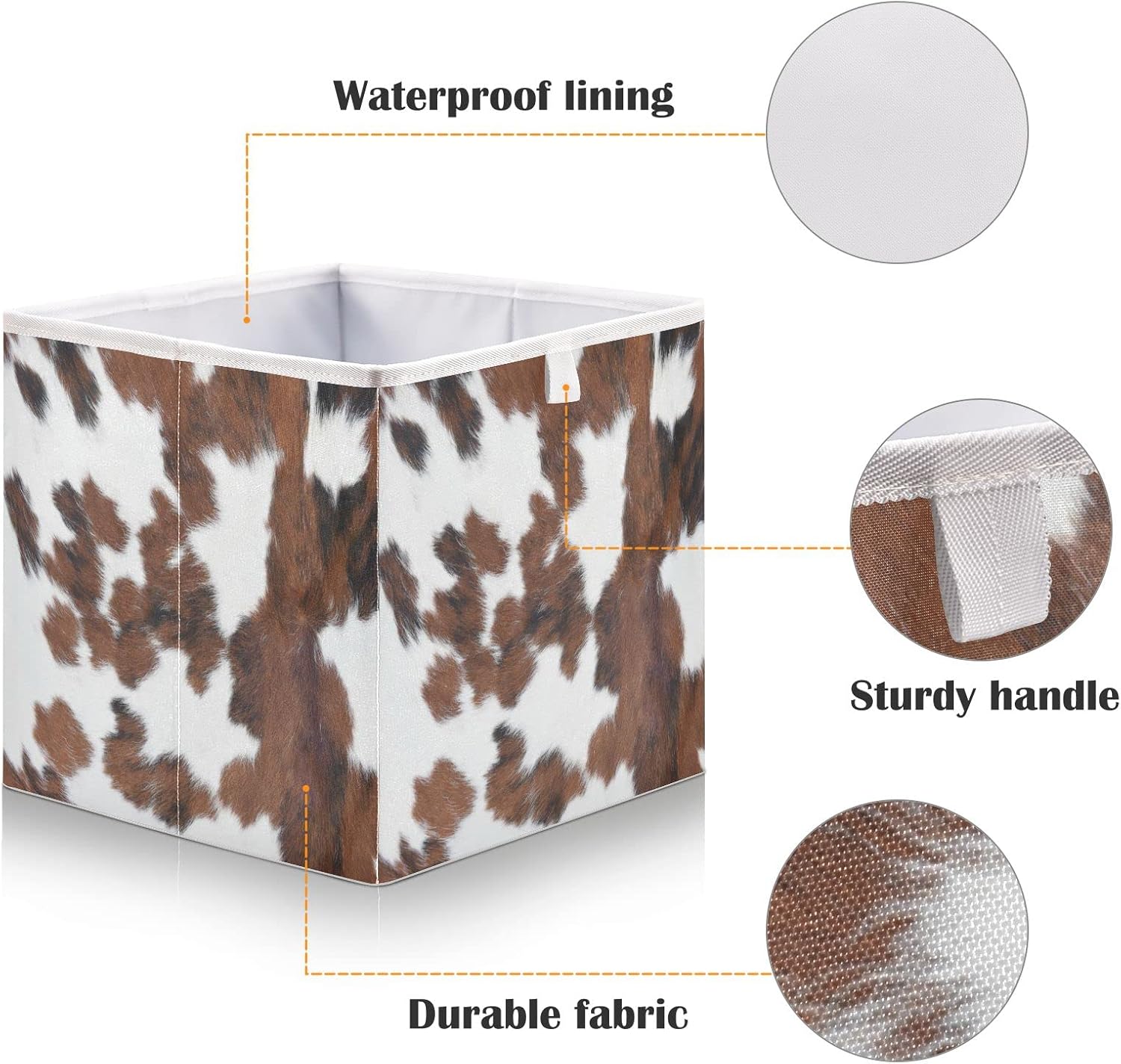 Kigai Cubo de almacenamiento plegable con estampado de vaca blanca y marrón, caja de almacenamiento de juguetes para organizar el hogar, estantes,