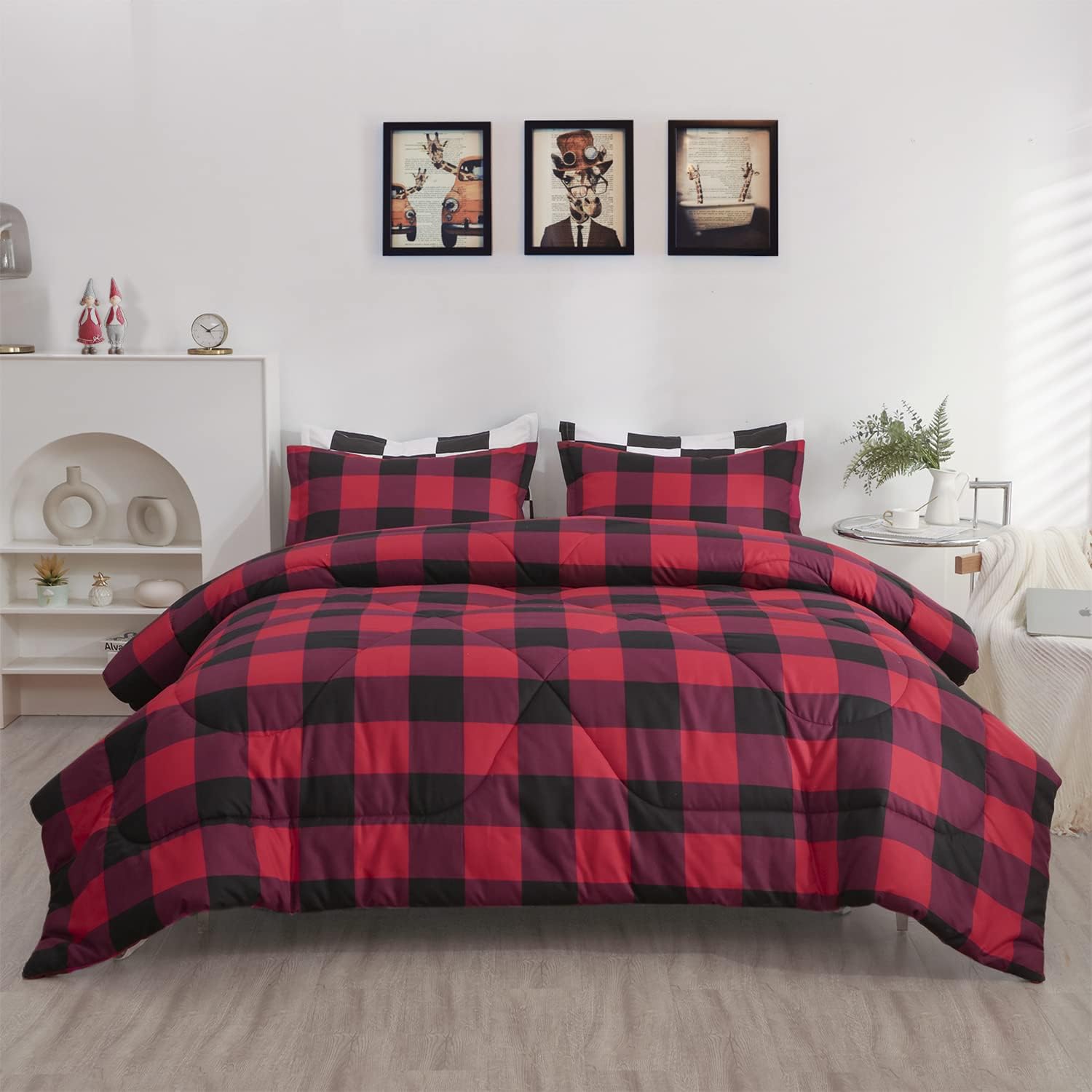 LUCKYBULL Juego de edredón tamaño matrimonial de 3 piezas, juego de ropa de cama esponjoso a cuadros rojos, edredón alternativo a cuadros de búfalo