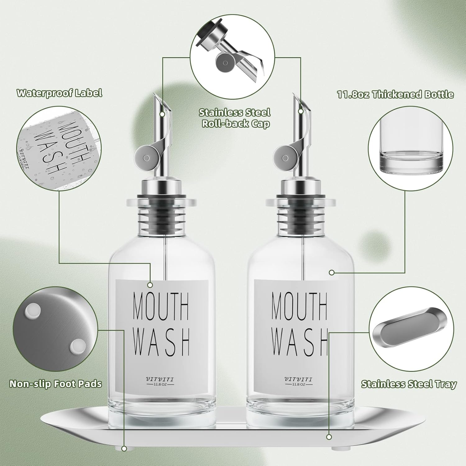 VITVITI Mouthwash Dispenser for Bathroom, 2 Clear Glass Mouth Wash Dispensers Container Holder, 11.8OZ Oil Dispenser Bottle with Tray Cups,