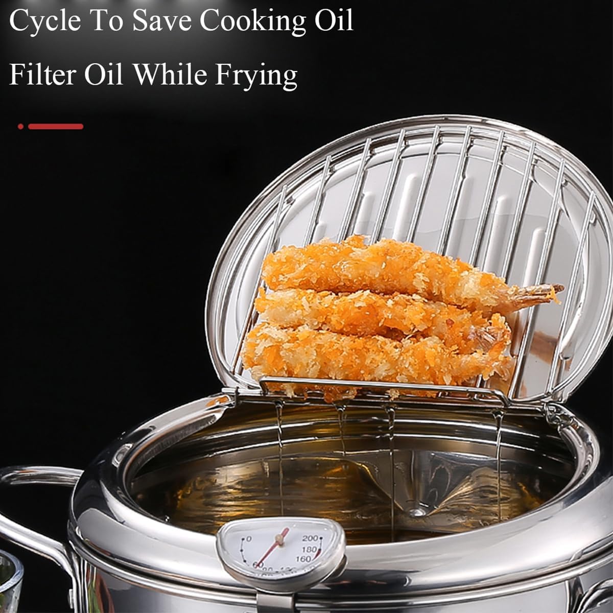 Olla japonesa de acero inoxidable 304 de 2.2 litros, estilo Janpanese Tempura con tapa, con control de temperatura, escurridor de aceite o pollo