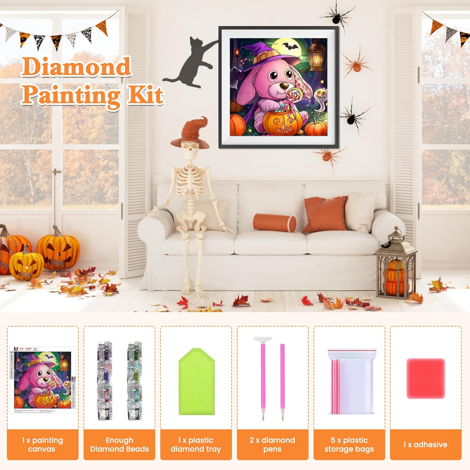 RICUVED Pintura artística de diamantes, kit de pintura de diamantes de conejo de Halloween para adultos, taladro redondo completo, calabazas de