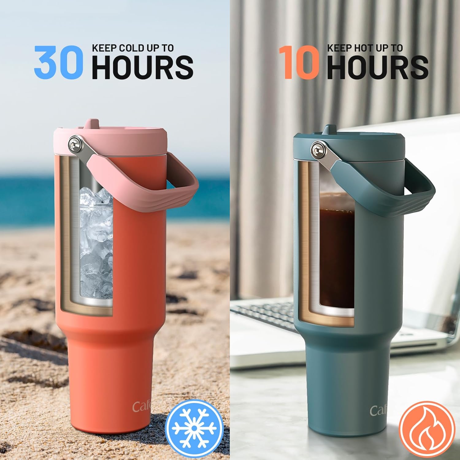 Vaso de 40 onzas con tapa y pajilla, de acero inoxidable aislado al vacío con popote abatible y asa superior, botella de agua aislada reutilizable