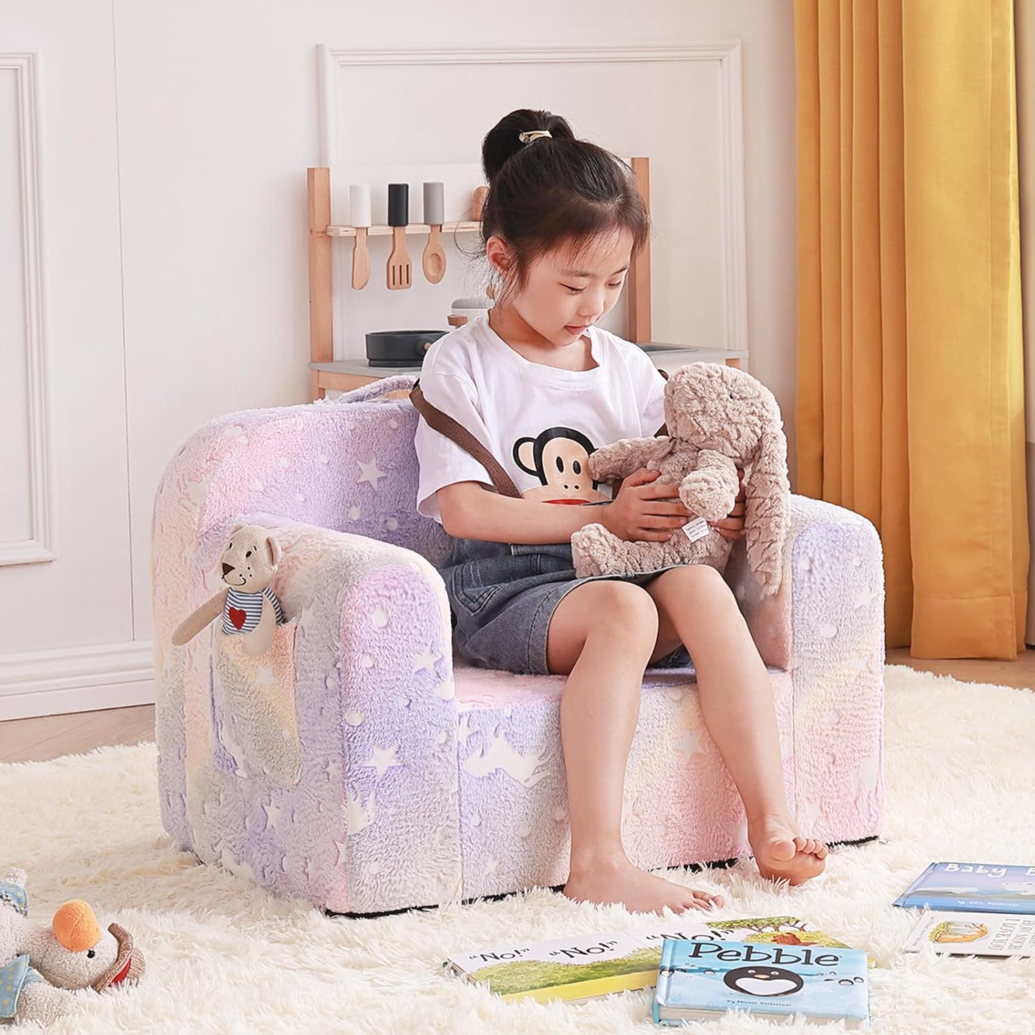 Tiita Sofá para niños, sofá Chirldren con asa de transporte y bolsillos laterales, silla de espuma para niños, silla con reposabrazos para niños,