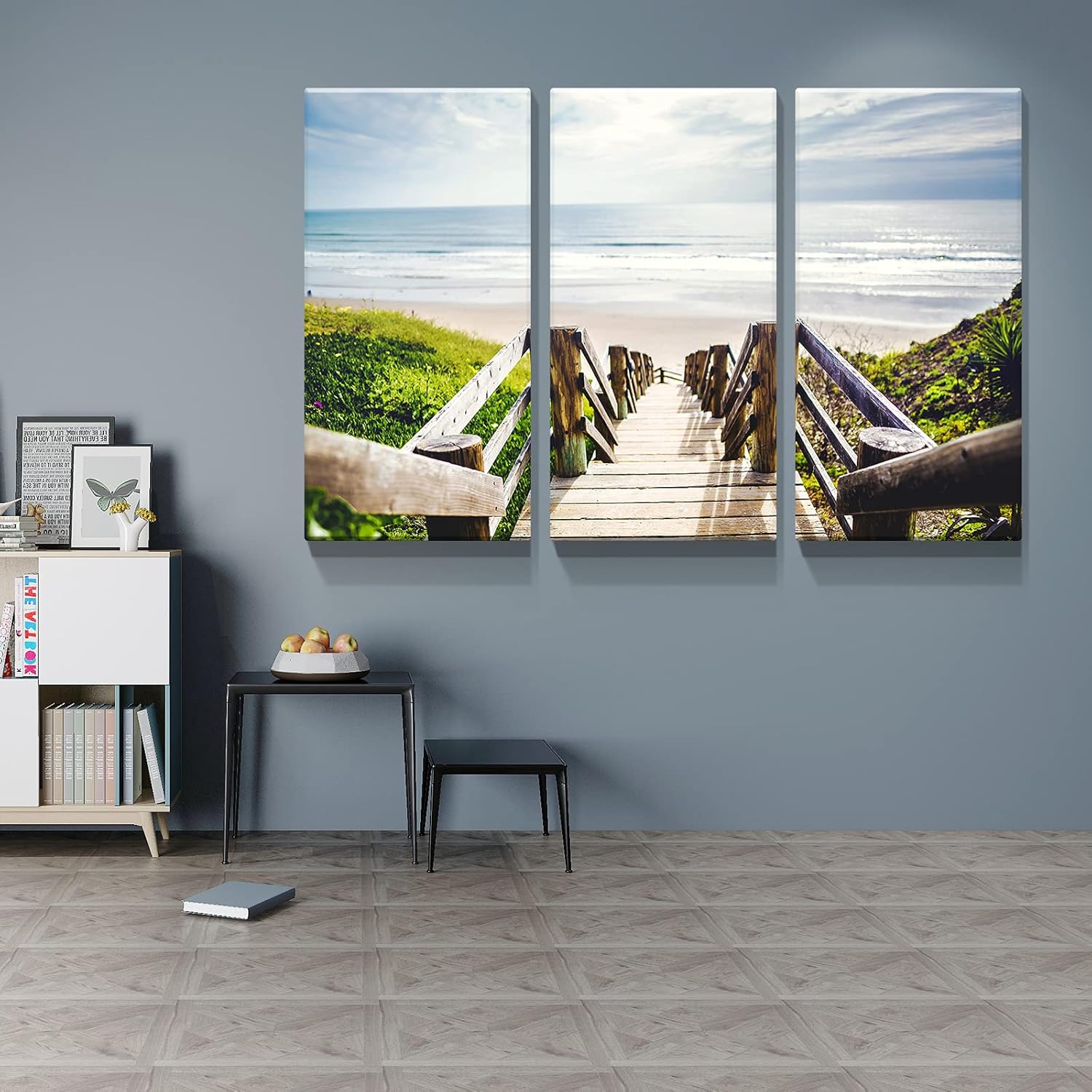 Denozer 3 paneles de arte de pared de camino de madera junto a la playa arte gráfico sobre lienzo envuelto para decoración de pared, estirado y
