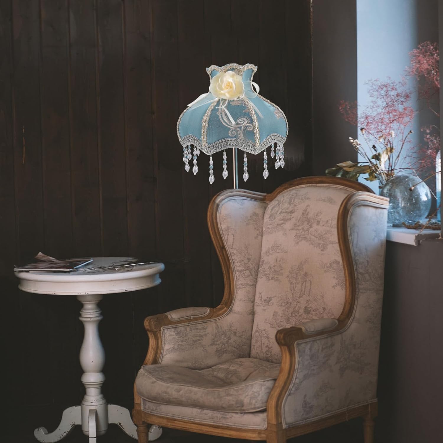 Housoutil Pantalla de lámpara vintage, pantalla victoriana con cuentas de flecos festoneados cúpula cubierta de lámpara de tela europea antigua,