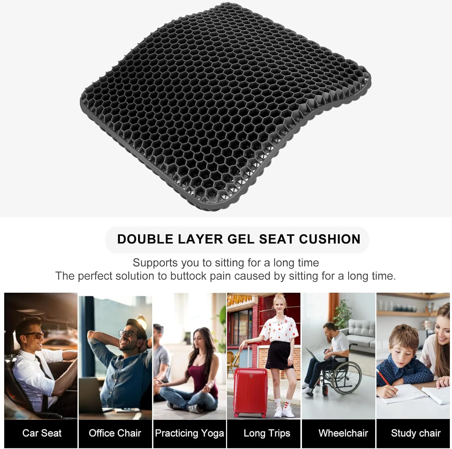 Airllantry Cojín de asiento negro, cojín de asiento de gel para sentarse durante mucho tiempo, dolor de espalda, ciática, almohadilla de alivio del