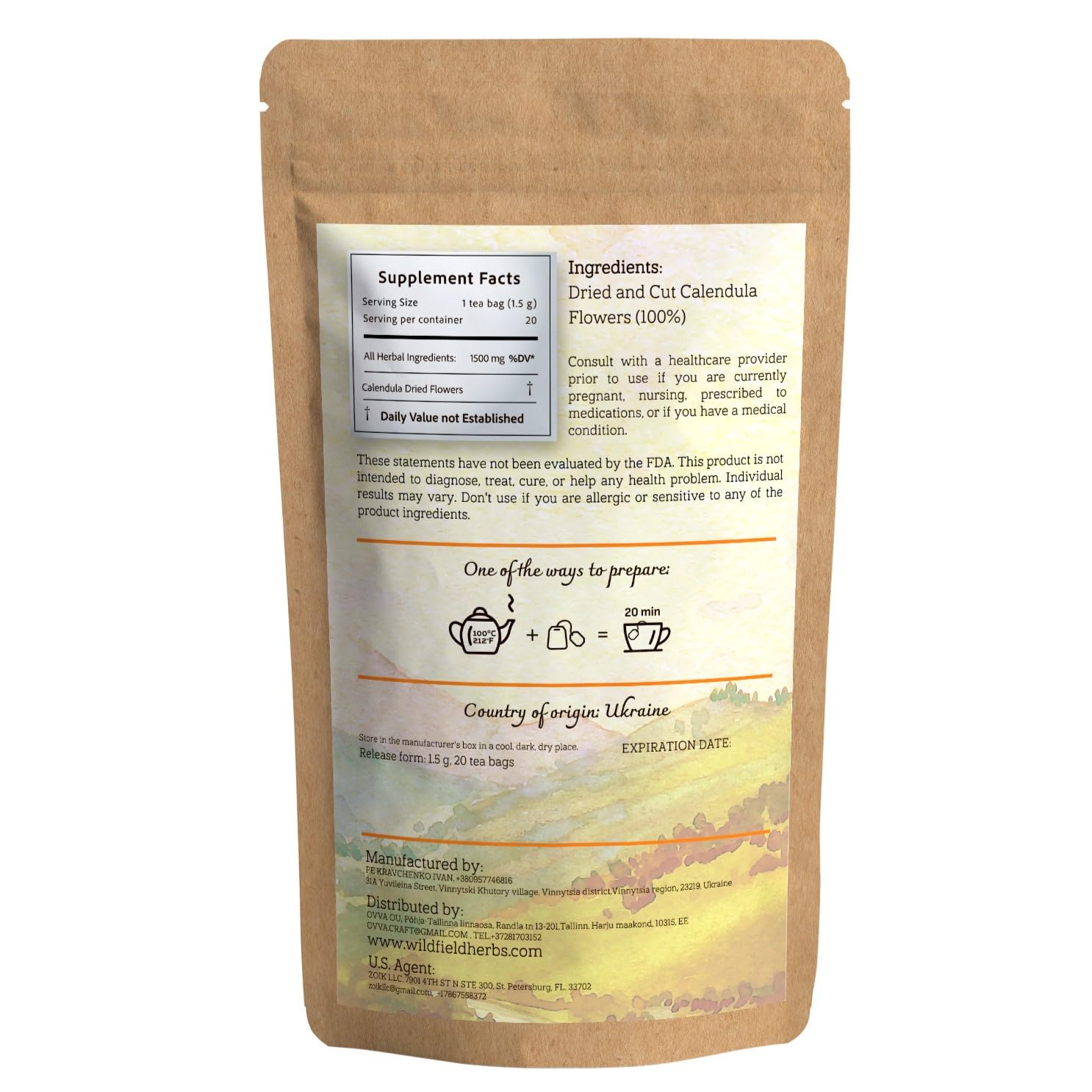 20 bolsas de té de caléndula flores secas de caléndula té de hierbas (Caléndula officinalis) – 20 unidades de 0.05 oz de bolsas de té de caléndula