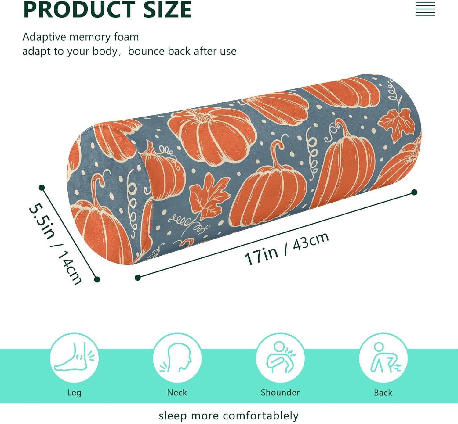 KLL Hand Drawn Autumn Pumpkins Bolster Pillow and Cover Sleep Neck Roll Pillow Round Pillow Insert 17 Inch Cylinder Memory Foam Legs Support Pillow