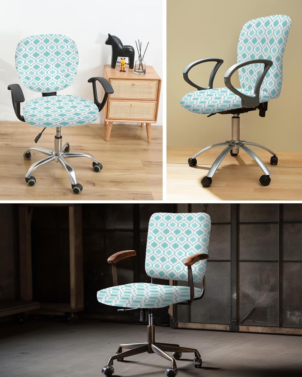 Fundas para silla de computadora de oficina, color verde azulado, turquesa, patrón geométrico, protector y elástico, resistente al agua, fundas de