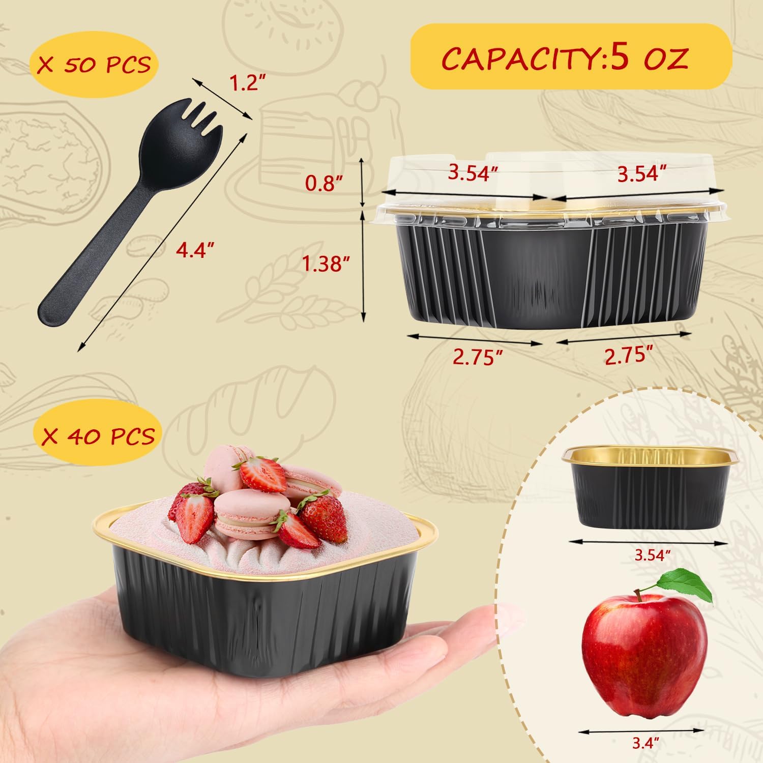 LNYZQUS Moldes para cupcakes de 5 onzas con tapas, paquete de 40 unidades, moldes de aluminio para hornear cupcakes, moldes para hornear brownie,