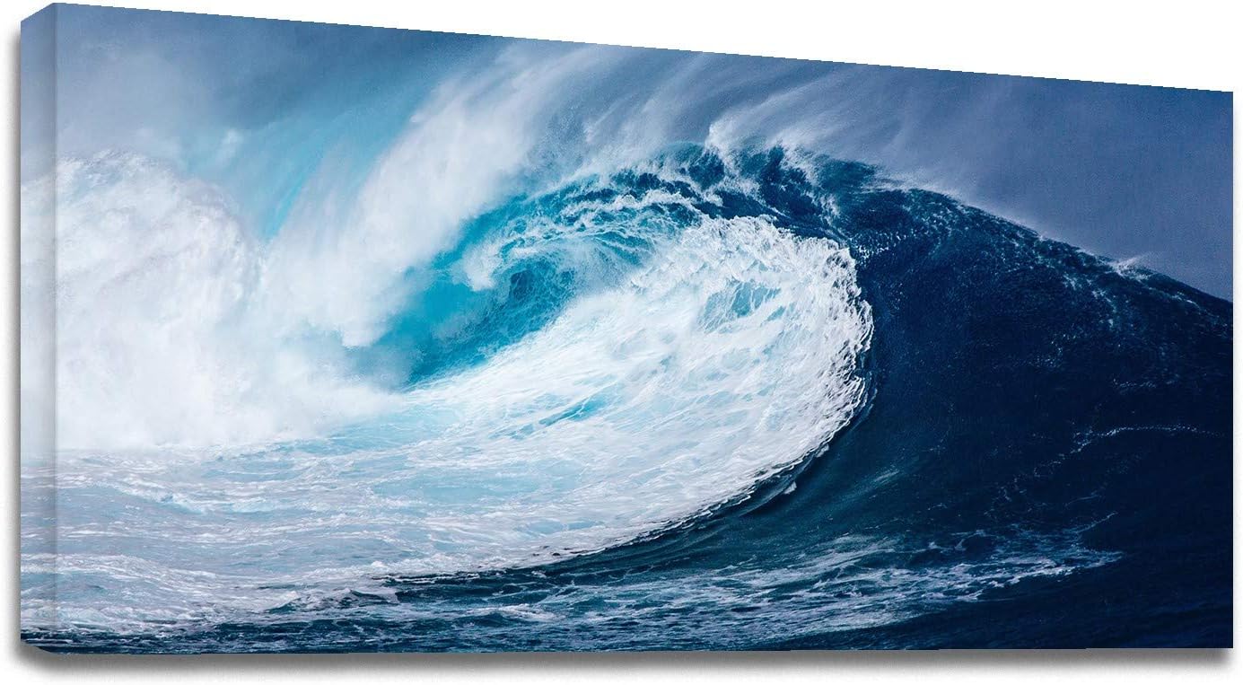 Looife Impresiones en lienzo de 32 x 16 pulgadas, arte de pared, imágenes de olas de mar enormes azules y blancas, decoración de pared, paisaje