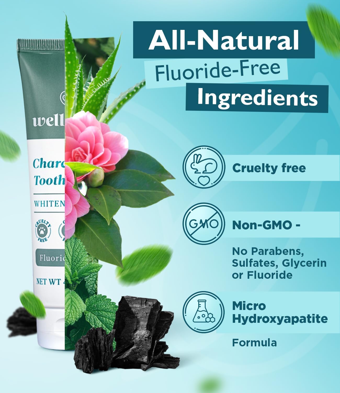 Wellnesse Pasta de dientes blanqueadora de carbón activado, blanqueamiento dental natural y frescura del aliento + sin flúor, vegano, sin glicerina,