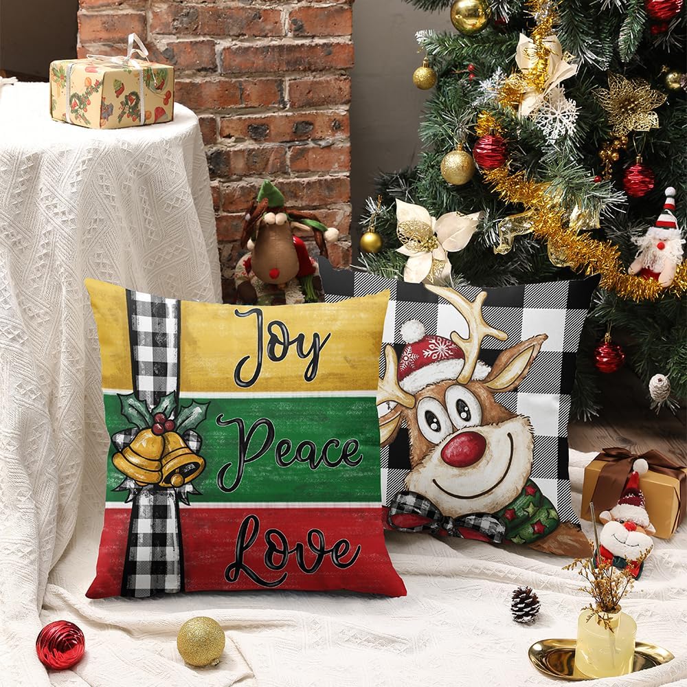 DFXSZ Juego de 4 fundas de almohada navideñas de 16 x 16 pulgadas, diseño de muñeco de nieve, sika y ciervo, decoración de invierno para el hogar,
