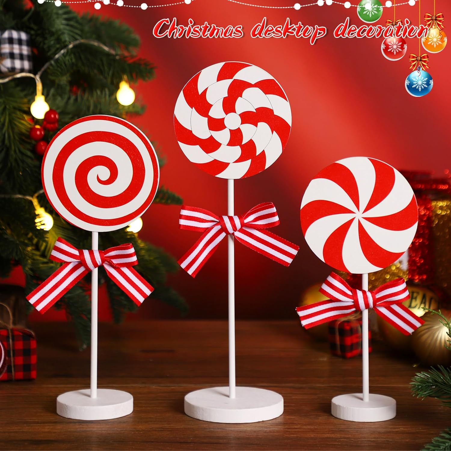 Amyhill 3 piezas de decoración de Navidad de madera para decoración de bandeja escalonada de invierno, centros de mesa de dulces rojos y blancos,