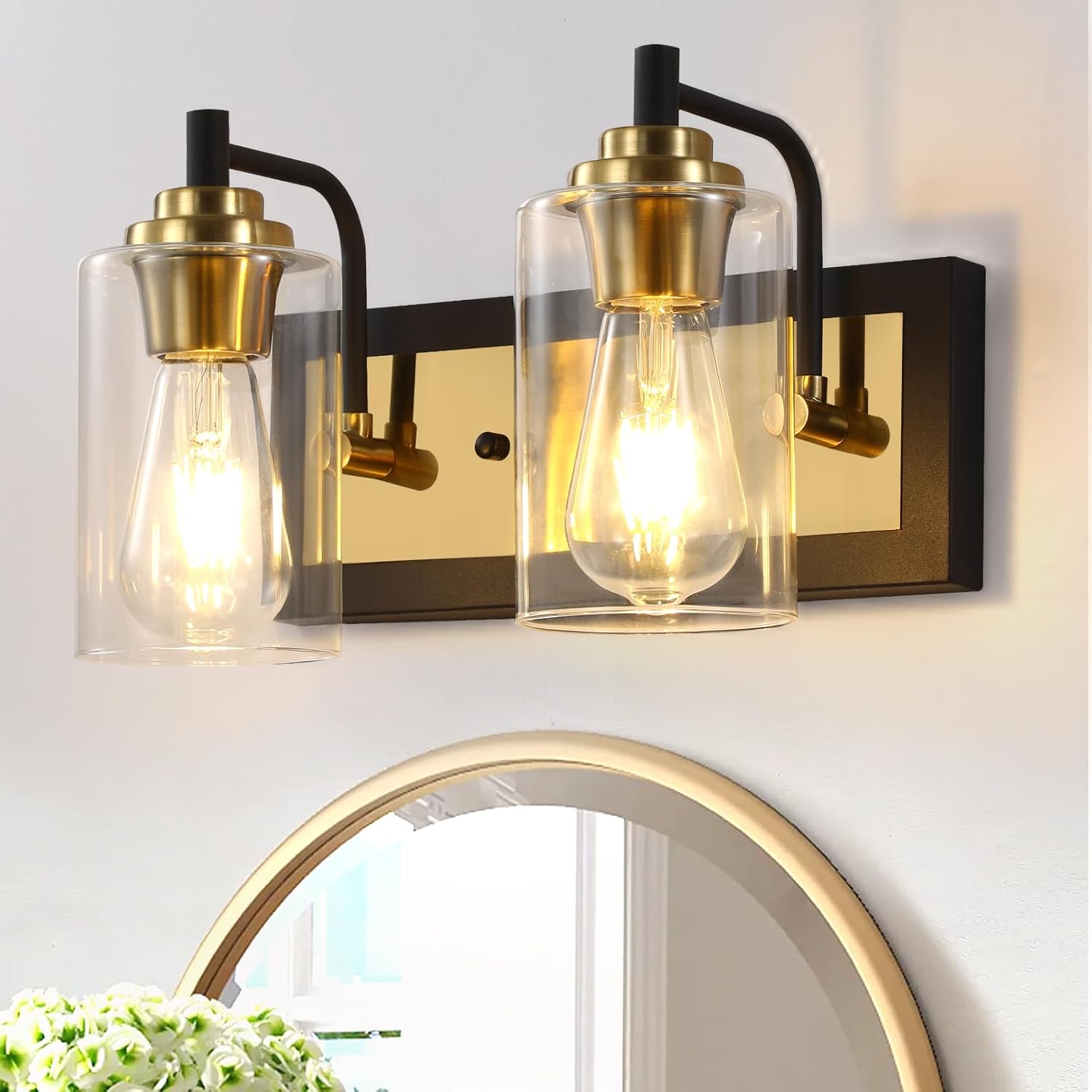 2 lámparas de tocador de baño, modernas luces negras y doradas, lámparas de baño sobre espejo con pantalla de vidrio transparente, apliques de pared