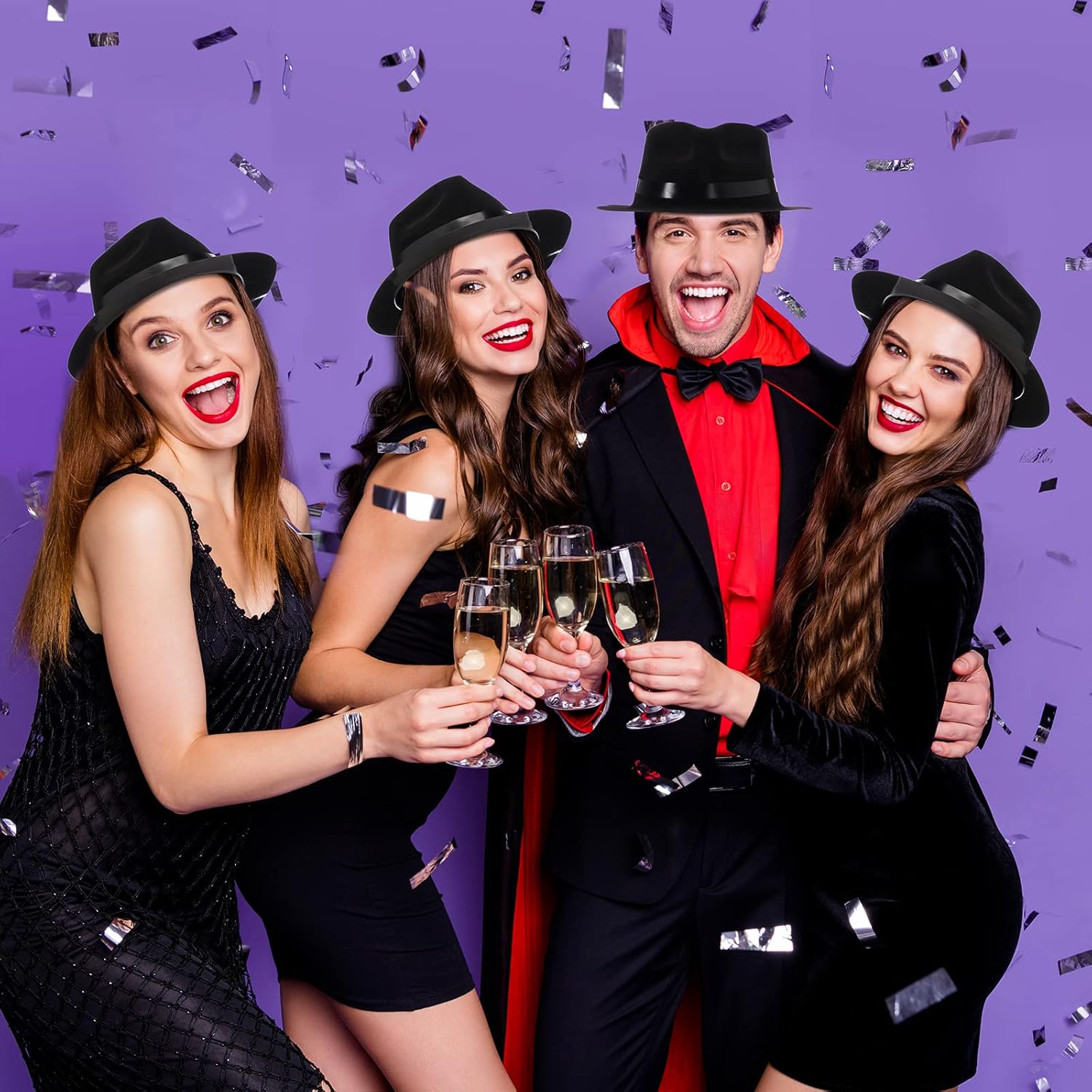 Sureio Sombrero de gángster de 12 piezas, sombreros de plástico para caballeros, sombreros de disfraz de gángster para hombres, mujeres, niños,