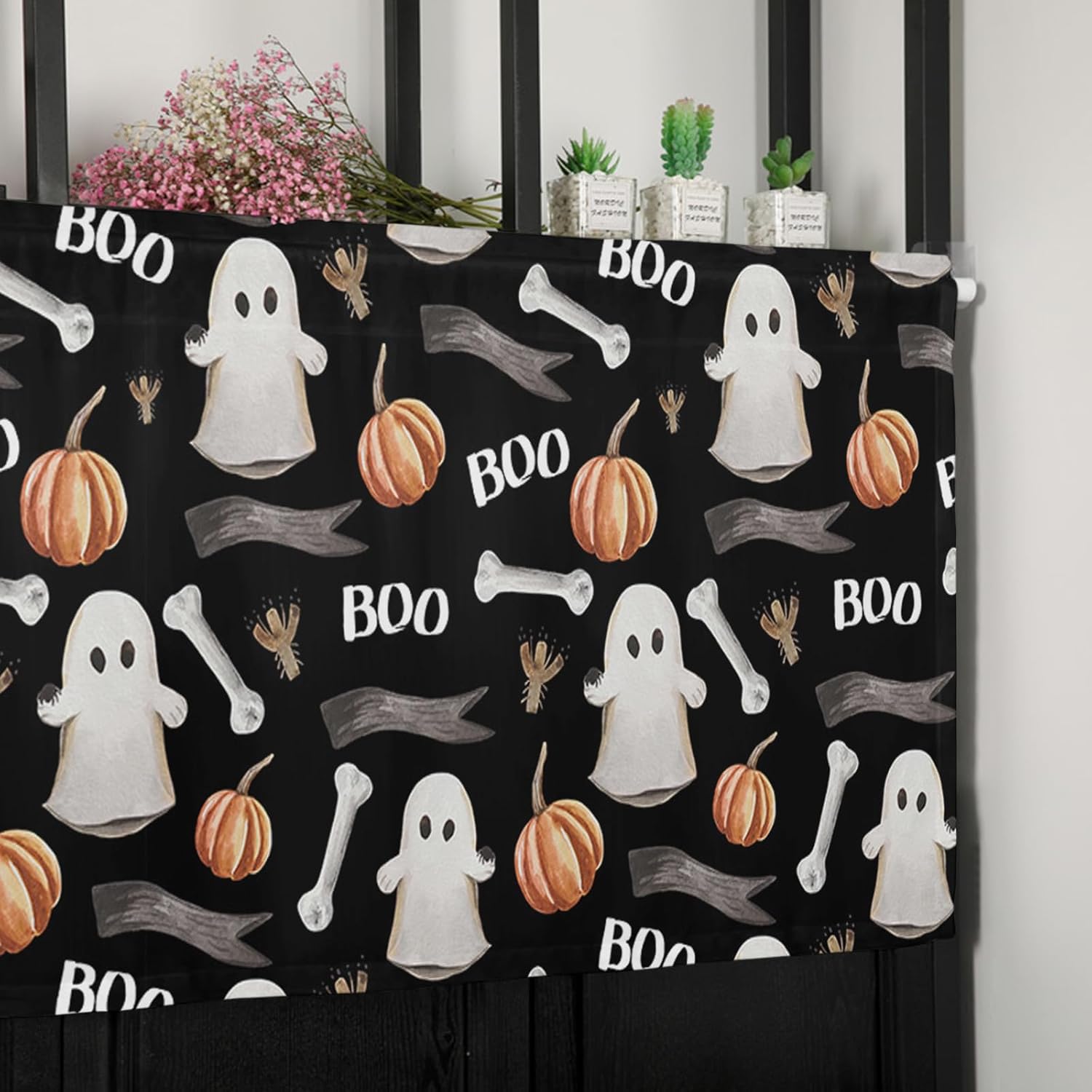 Cortinas de cocina para ventanas, cenefas de Halloween con rama de hueso fantasma, calabaza, color negro, cenefa de cortina con bolsillo para barra,